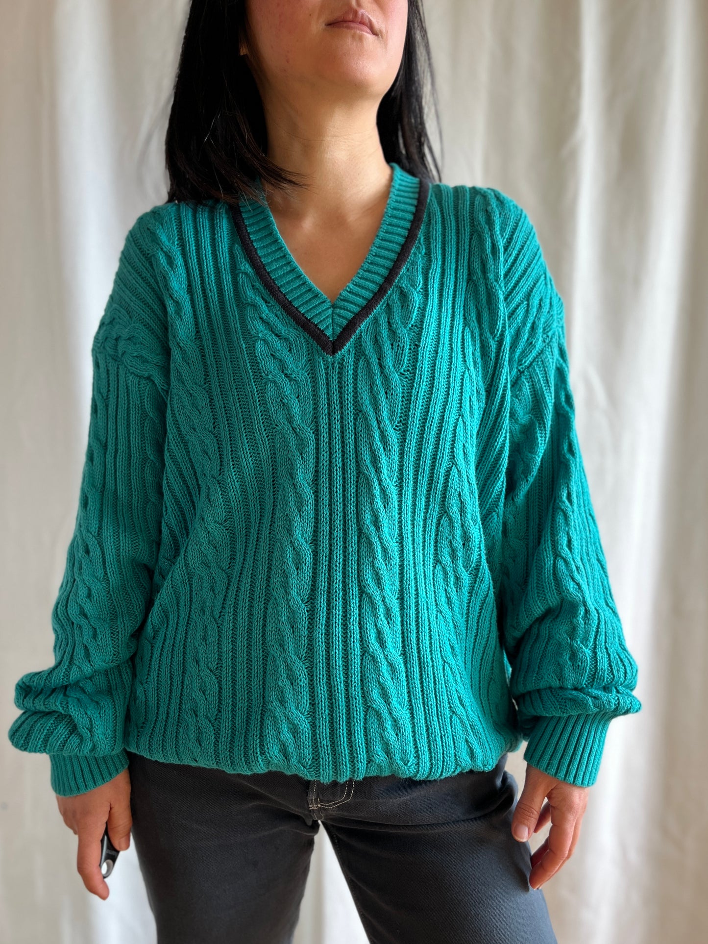 Vneck Cotton cable knit boyfriend jumper in turquoise blue