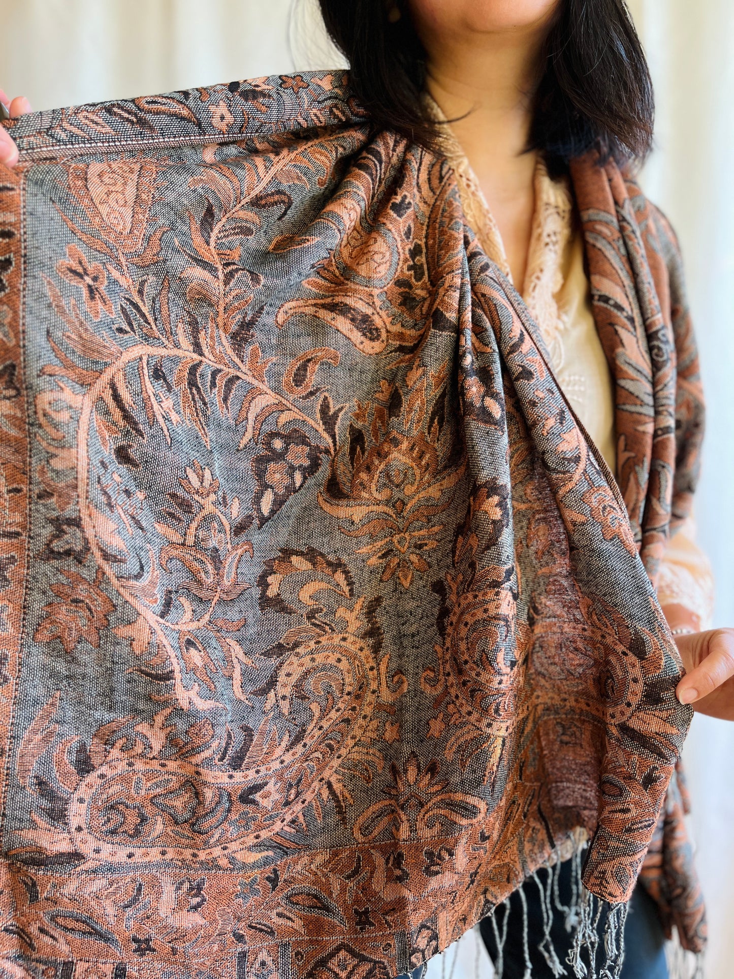 Rustic Reversible Bronze and peach orange Indian Woven Shawl