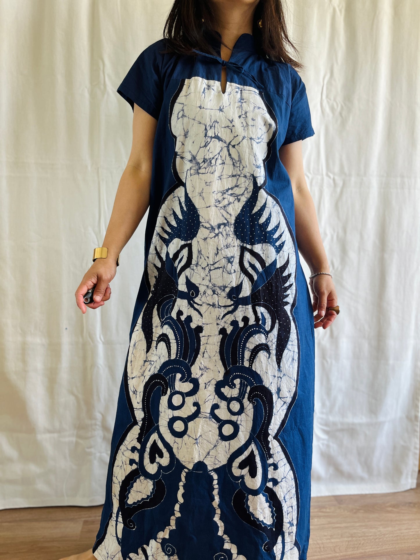 Vintage handmade Tie Dye Party Dress Maxi high neck with ribbons