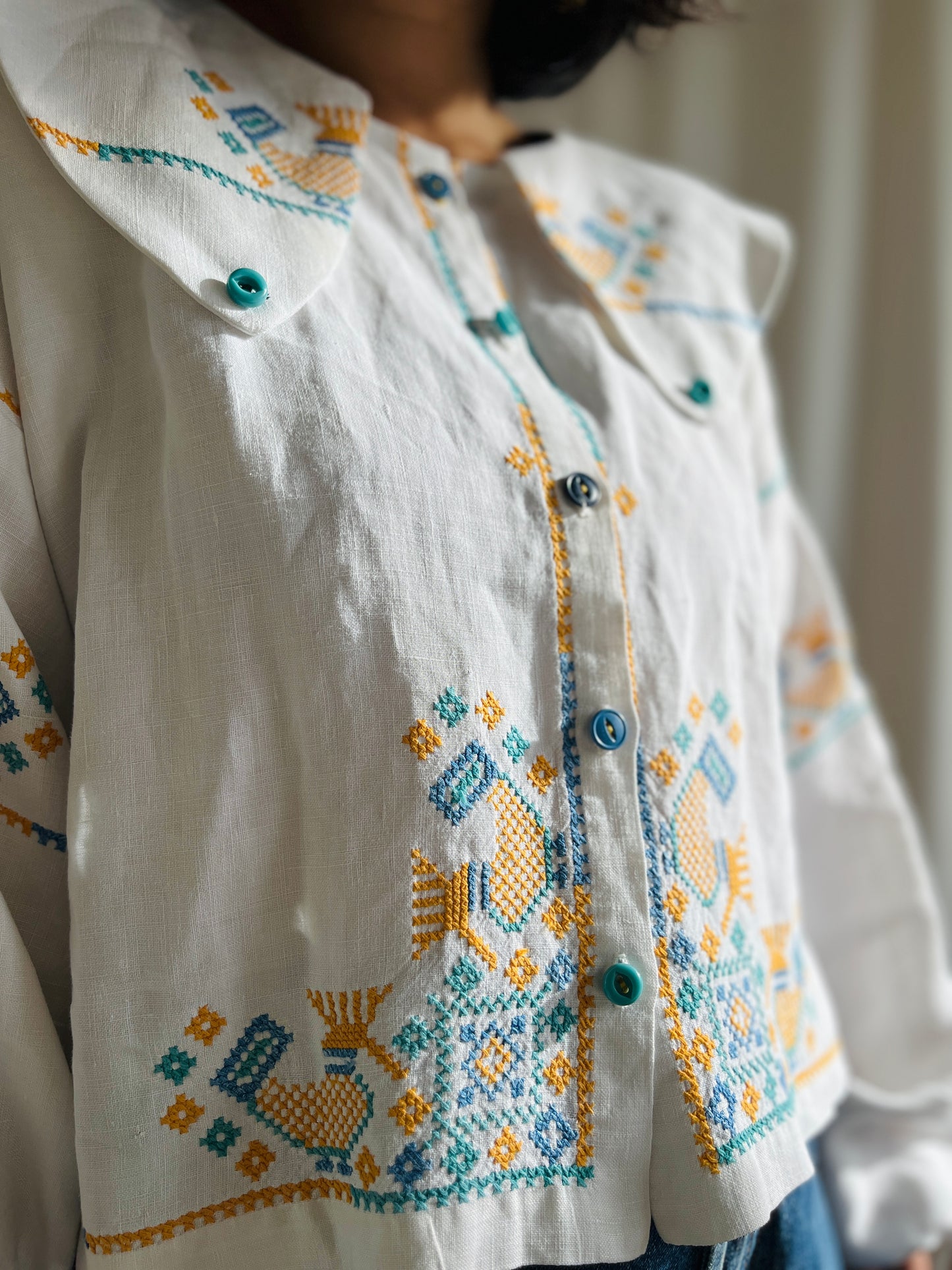 🎴 Love birds linen big collar blouse