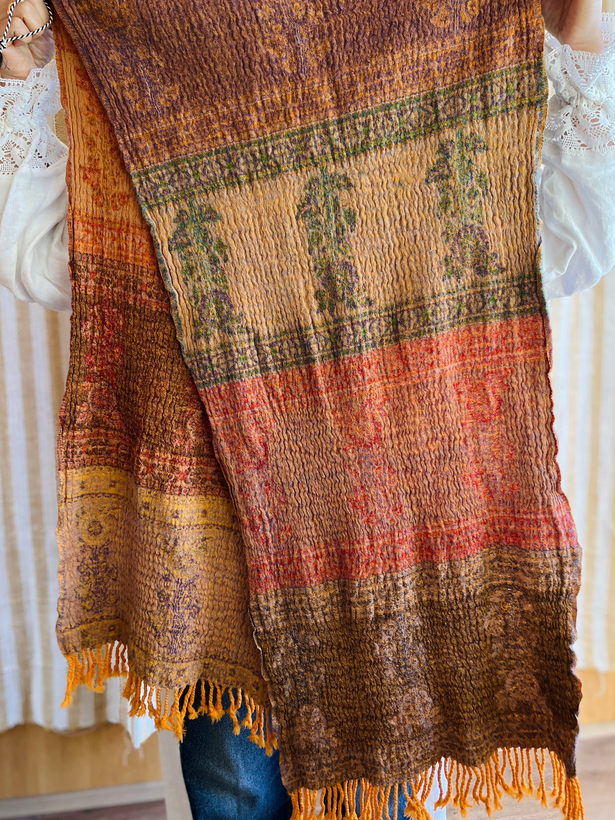 Shrunken Bronze and Green Reversible Vintage Indian Wool Scarf
