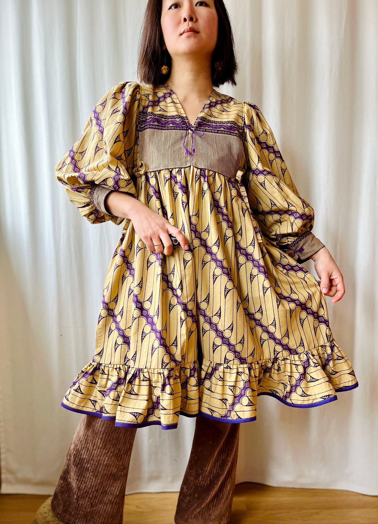 Batik Fabric turns 70s Goddess Dress Balloon Sleeves