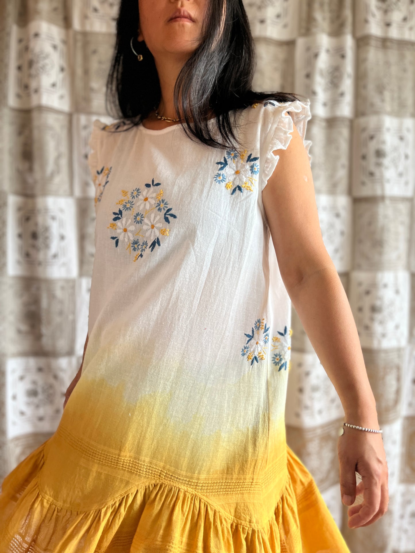 Hand dye cheesecloth scalloped gathered dress
