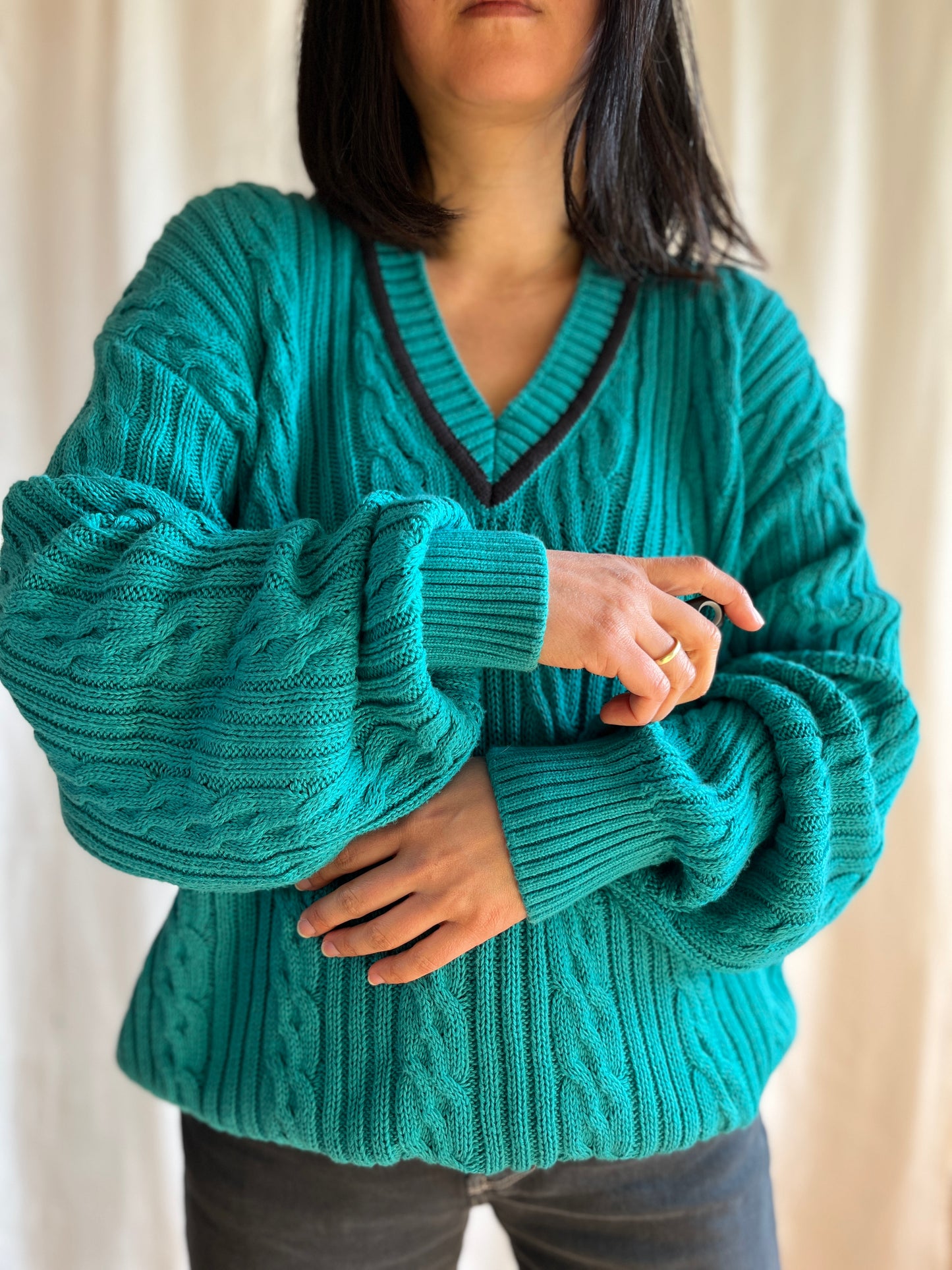 Vneck Cotton cable knit boyfriend jumper in turquoise blue
