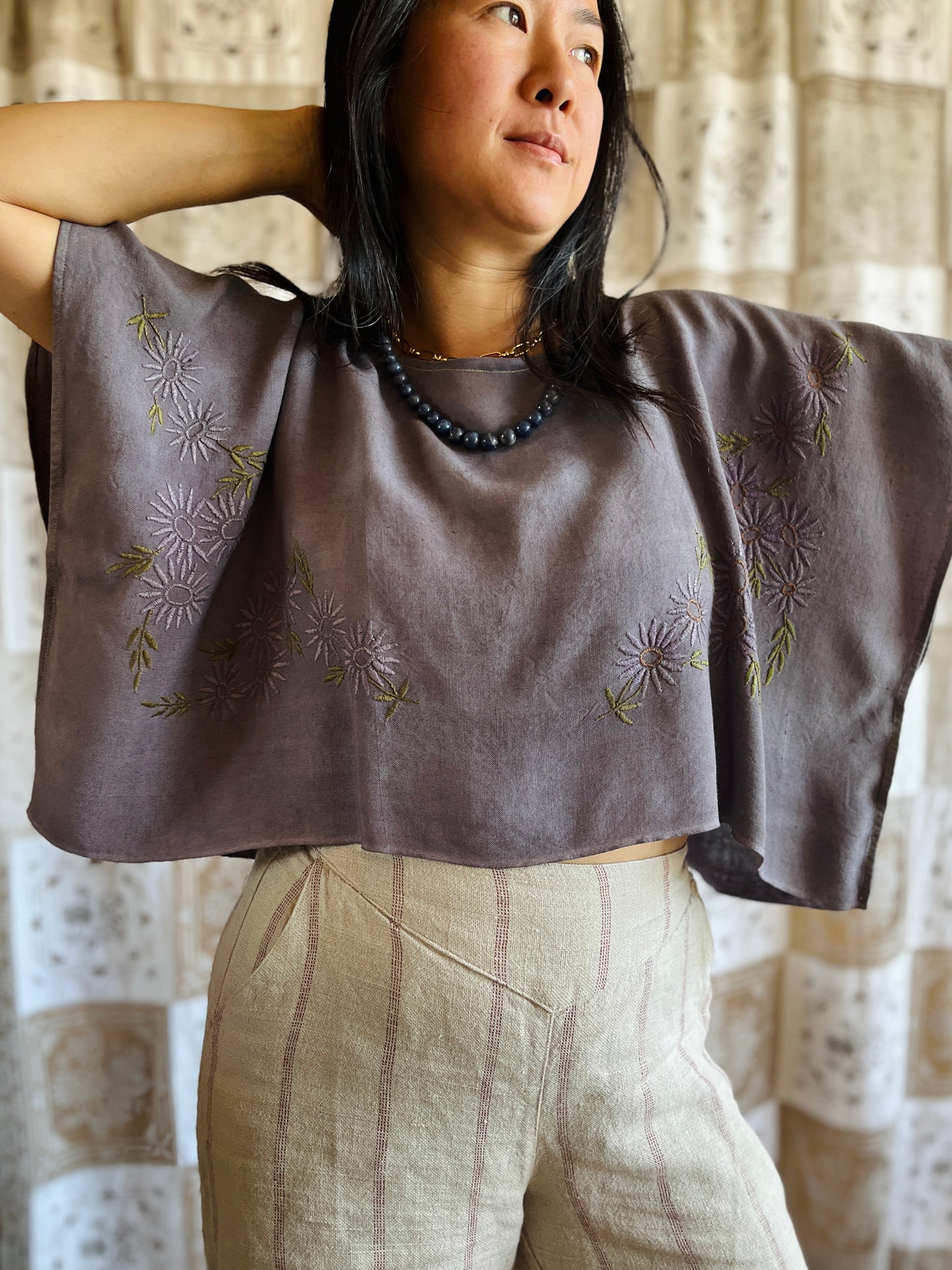 Square circle draped tee - Grey floral