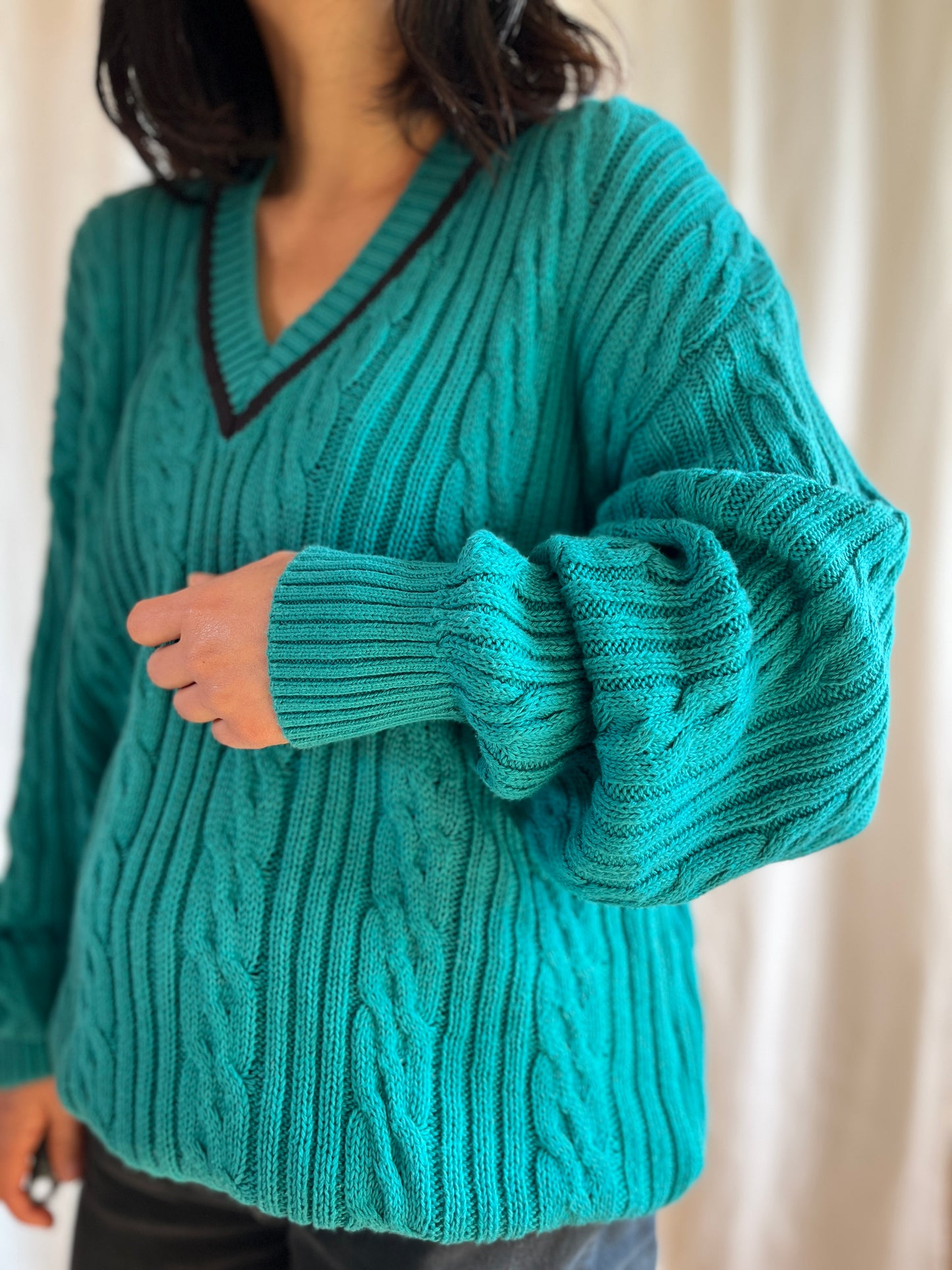 Vneck Cotton cable knit boyfriend jumper in turquoise blue