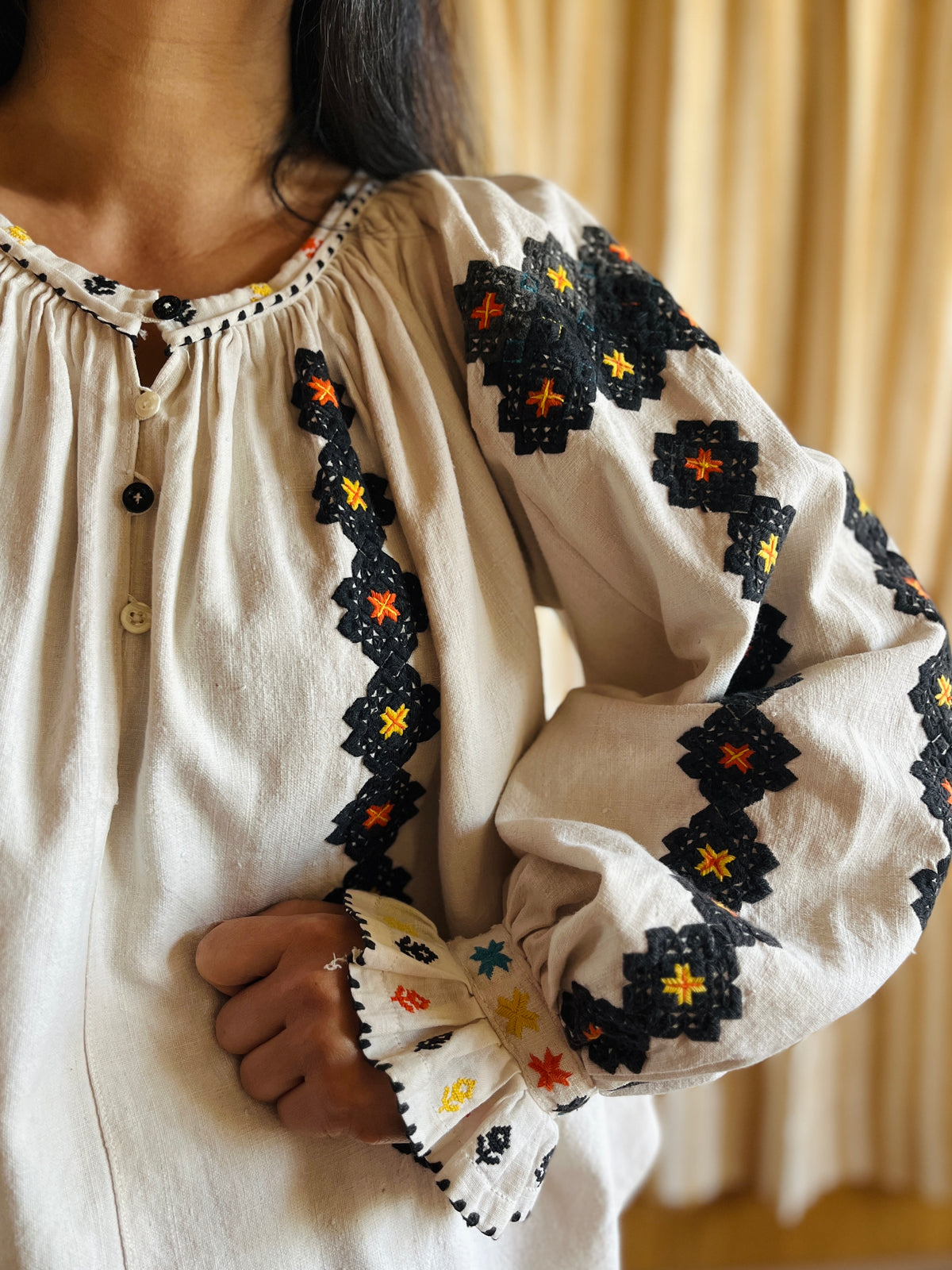 Antique 1930s Romanian Embroidered Folk Blouse