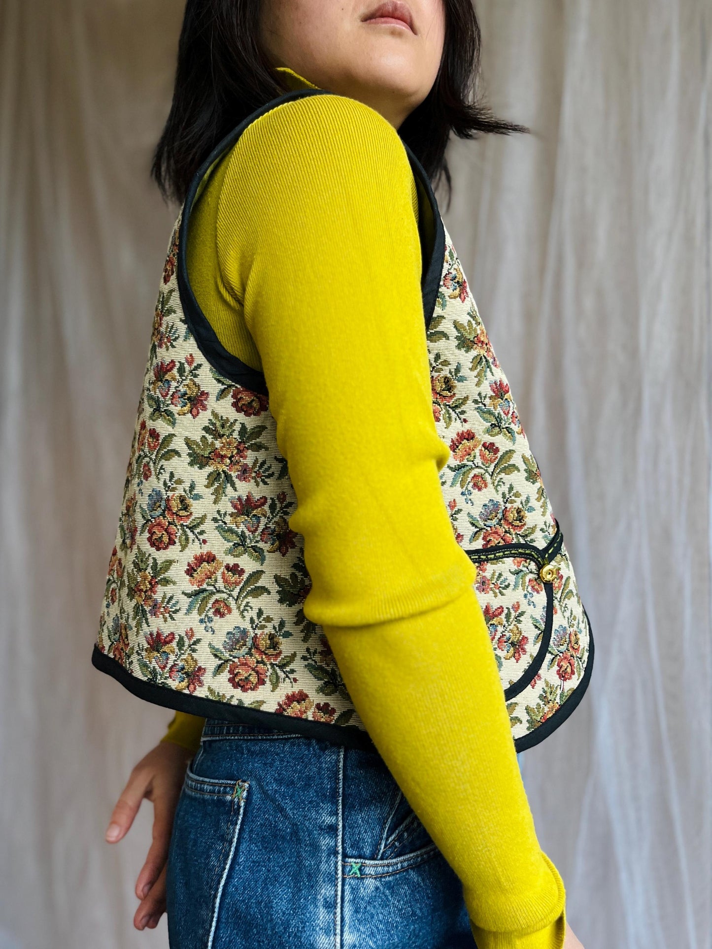 Double sided Sweater Gilet made from Vintage tapestry and Appliqué tablecloth