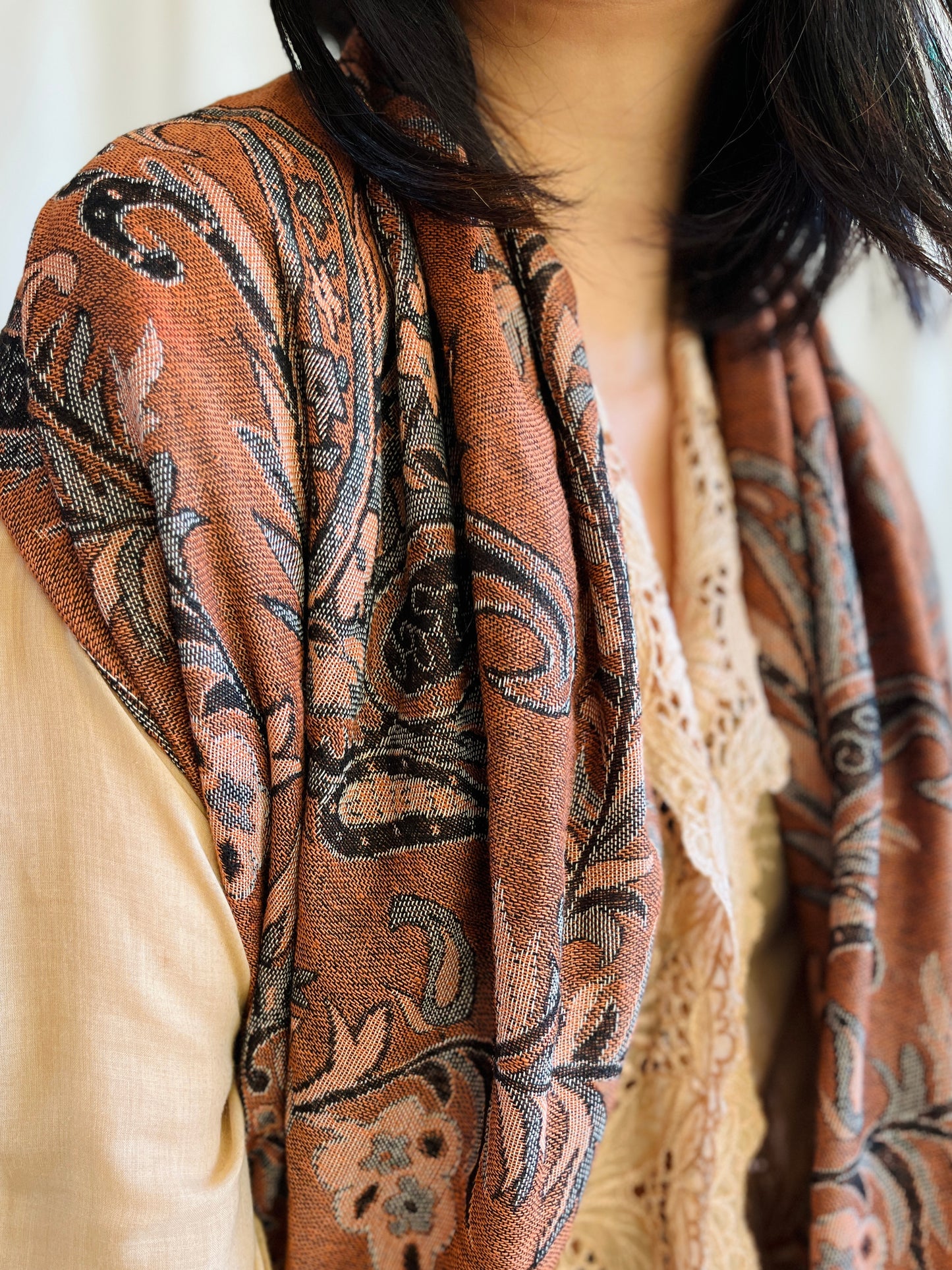 Rustic Reversible Bronze and peach orange Indian Woven Shawl