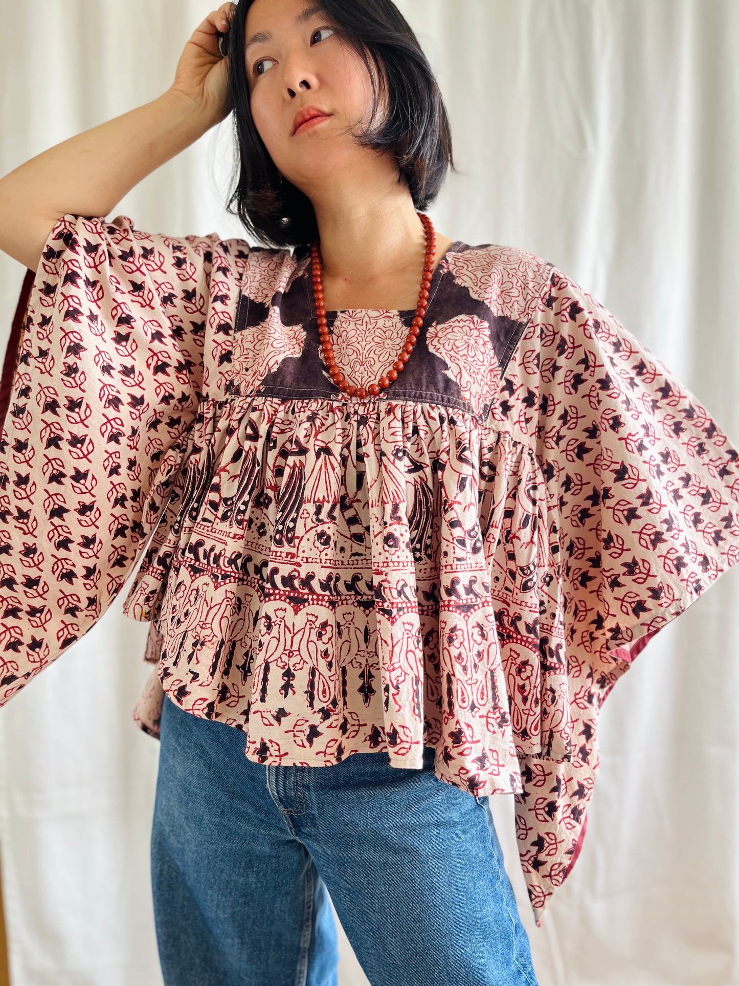 🏵️ Vintage hand block print Indian Bat sleeves tunic