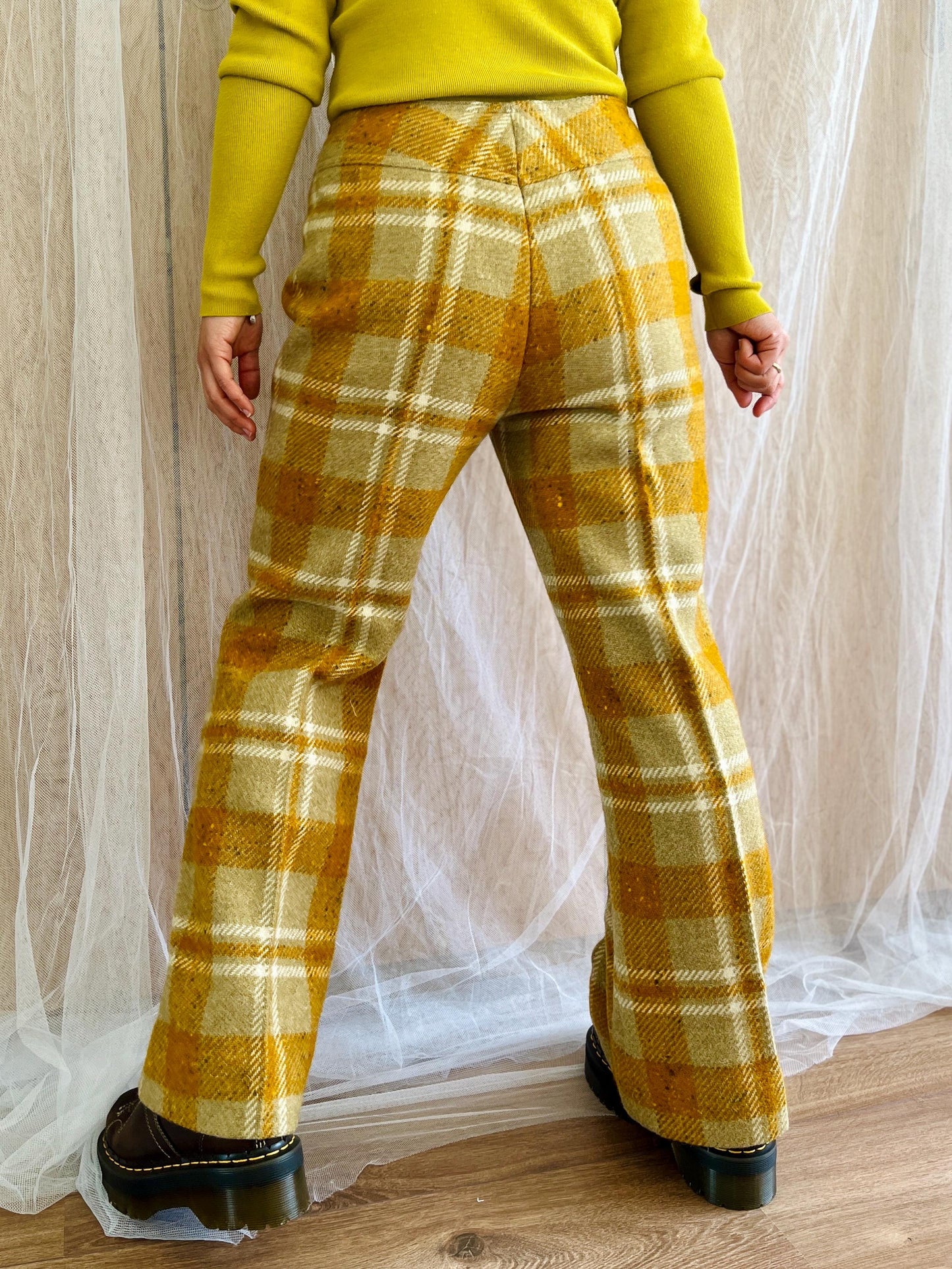 Vintage 70s Wide Legs High Waist Plaid Checker Wool Tailored Trousers