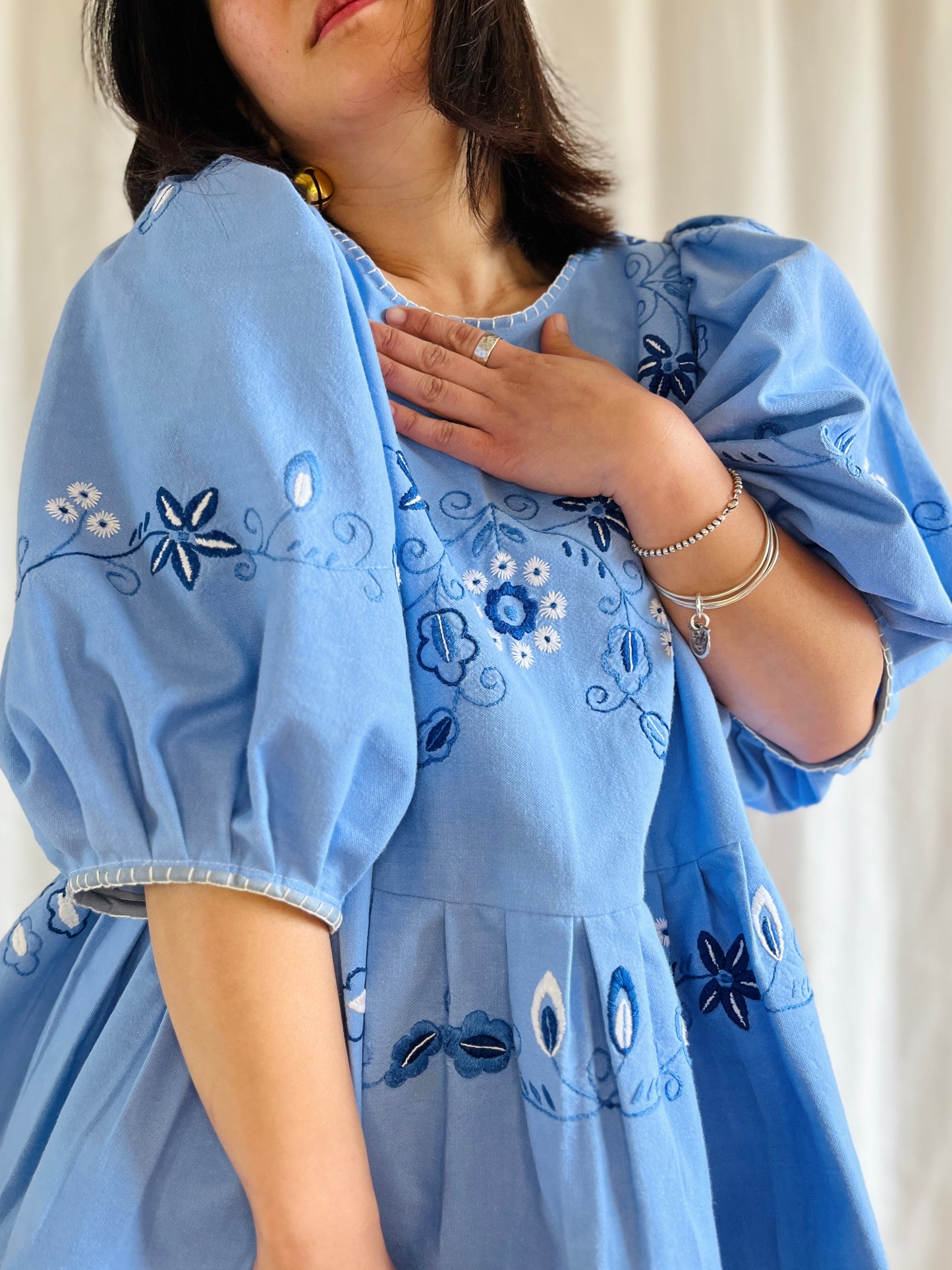 Hand Embroidered Blue Daisy Dolly tunic