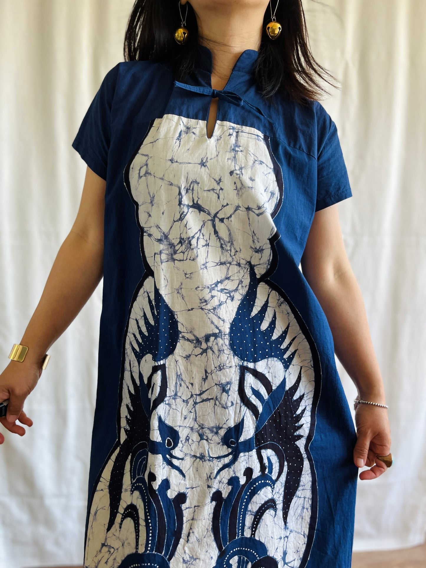 Vintage handmade Tie Dye Party Dress Maxi high neck with ribbons