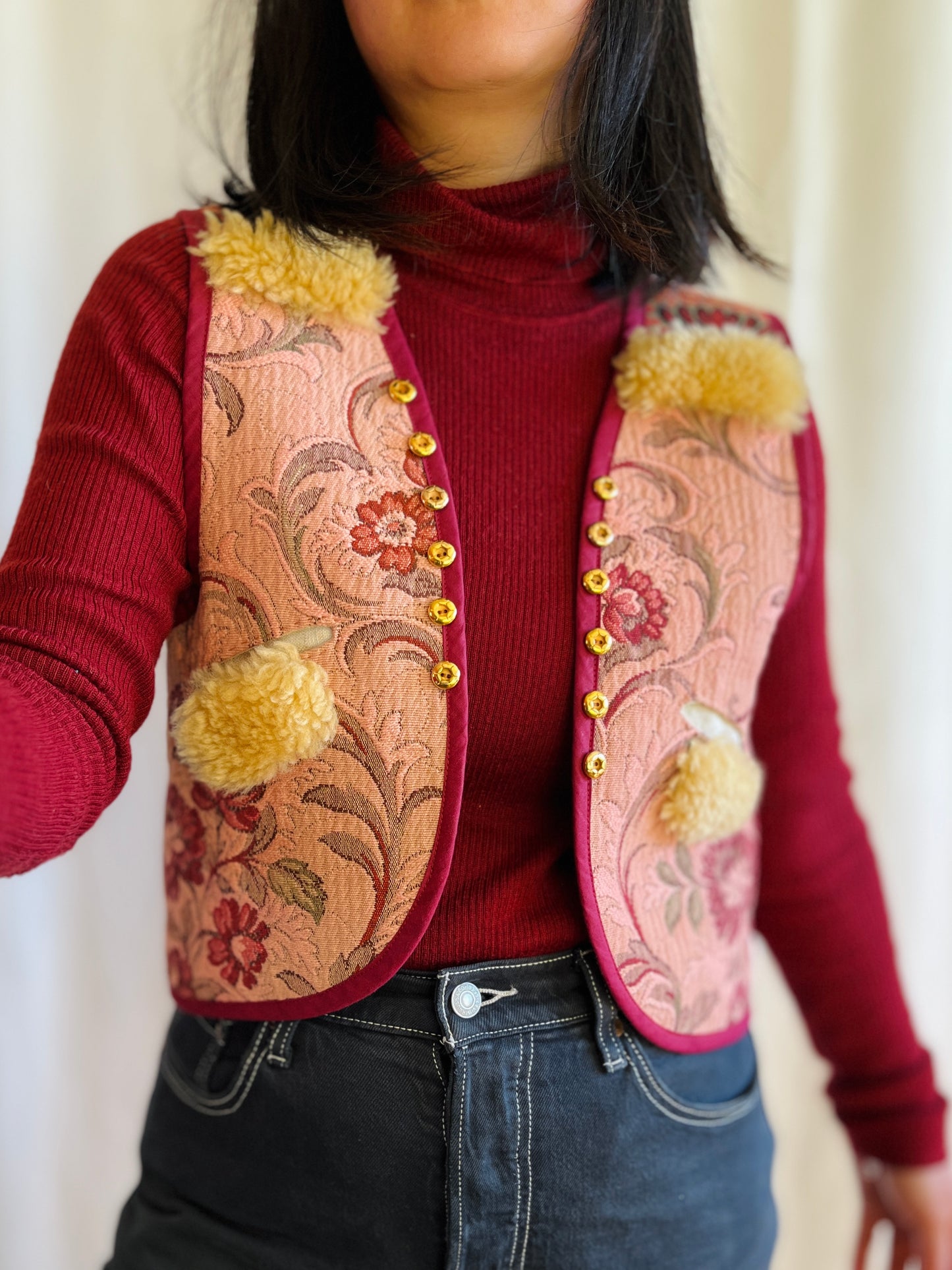 Sweater Gilet made from Vintage tapestry and shearling scraps