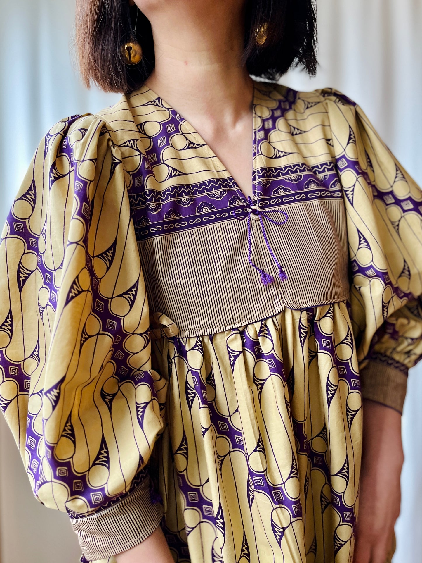 Batik Fabric turns 70s Goddess Dress Balloon Sleeves