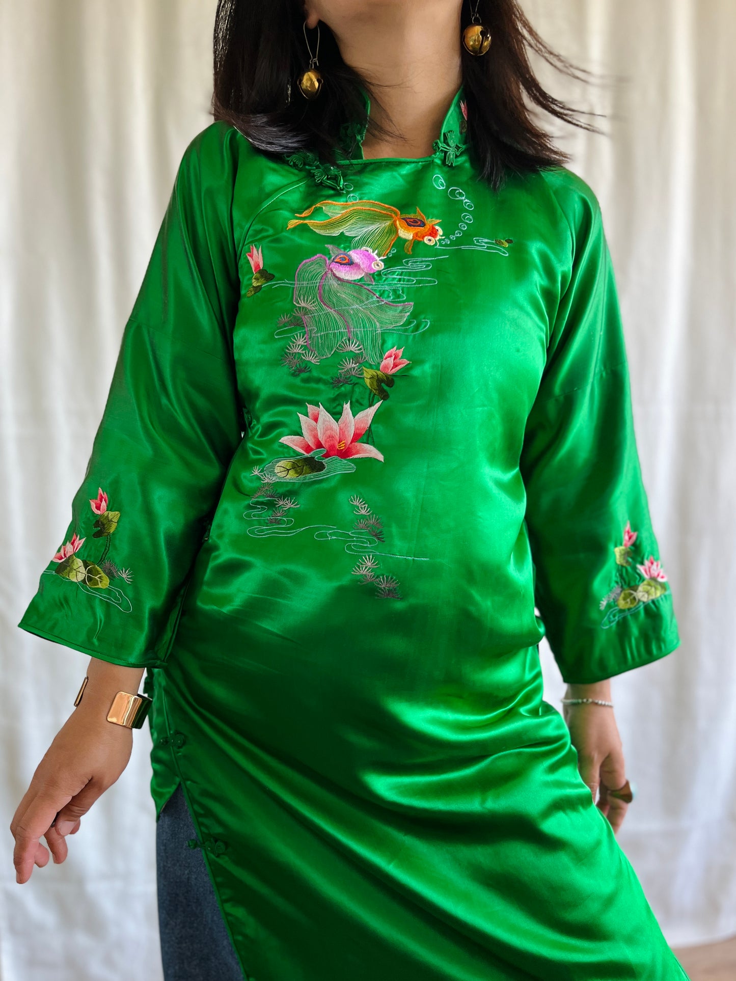 Vintage 60s Handwork Chinese Satin Cheongsam Qipao with Gold fish hand embroidery