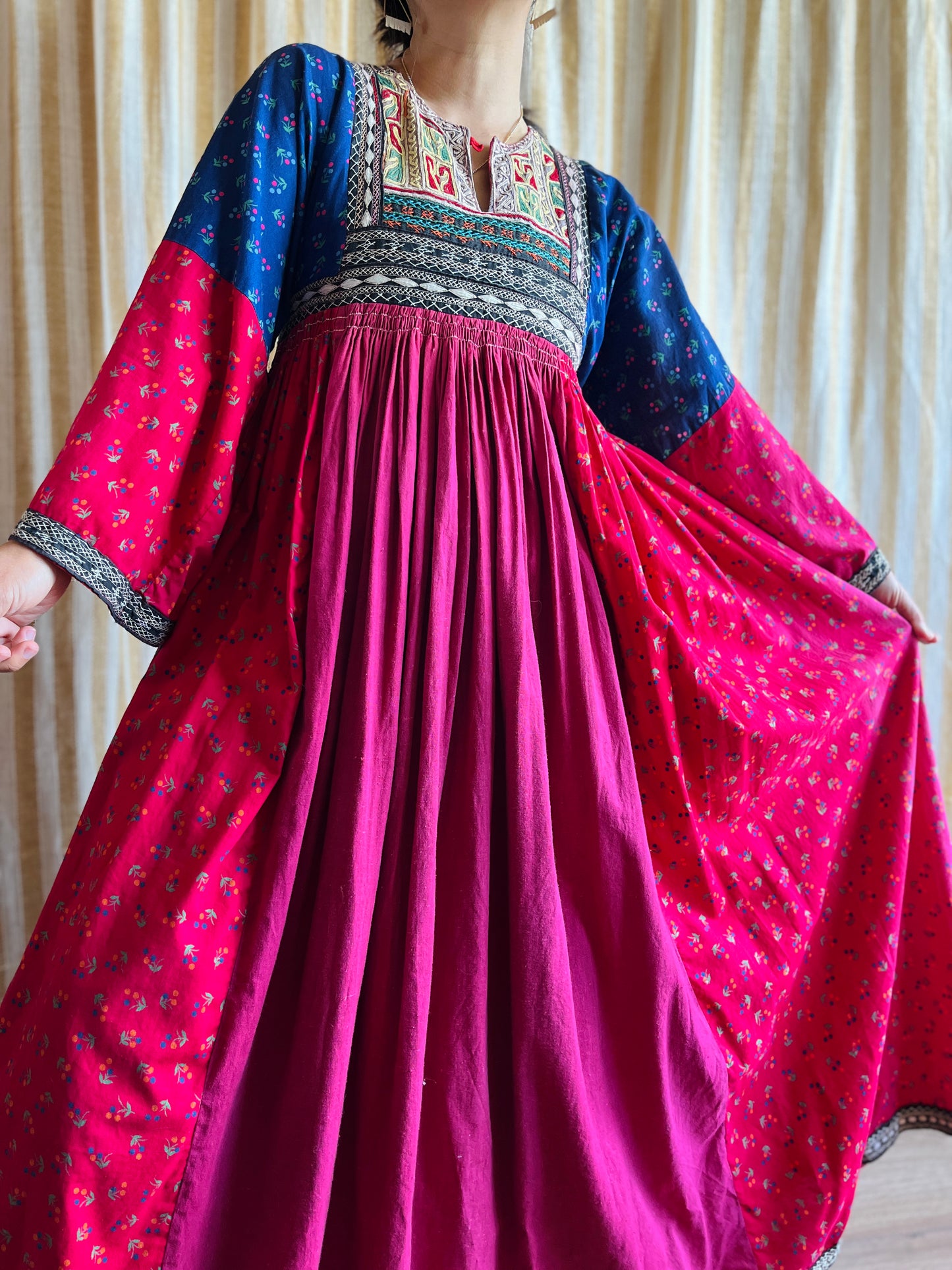 Afghan folk dress Smocking hand embroidery maxi dress