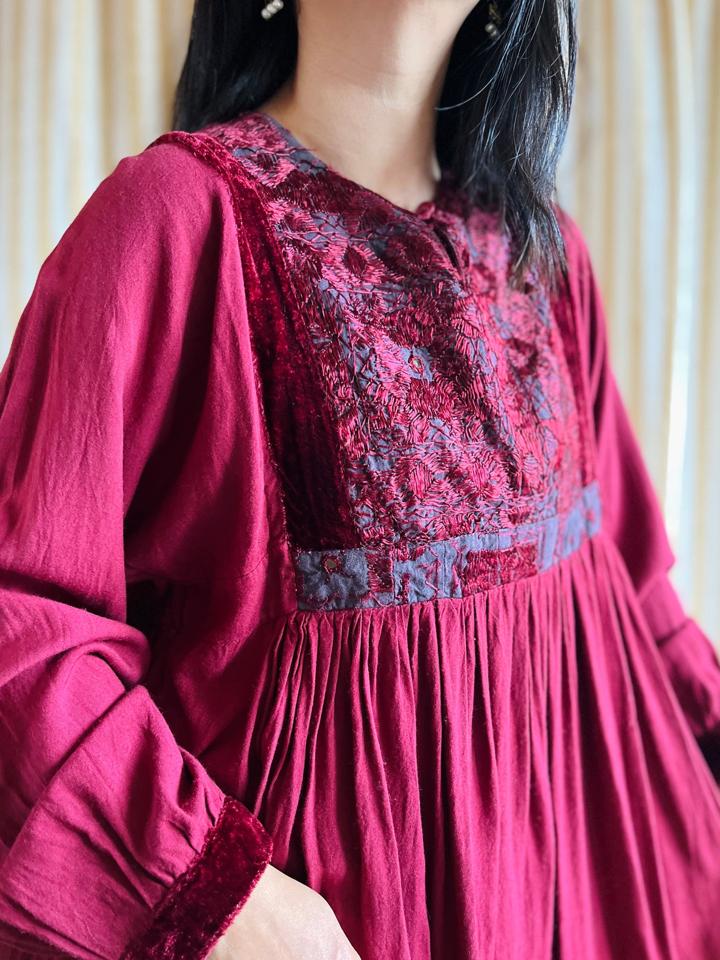 70s Burgundy velvet Afghanistan Silk embroidery Tunic