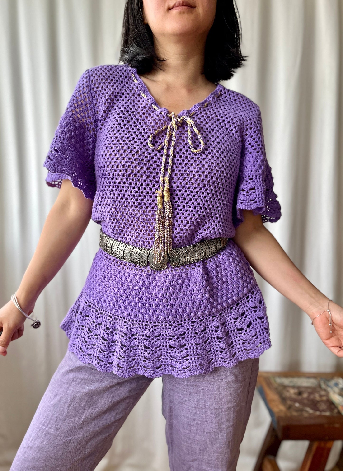 Handmade Vintage Crochet romantic lilac pullover with bell sleeves