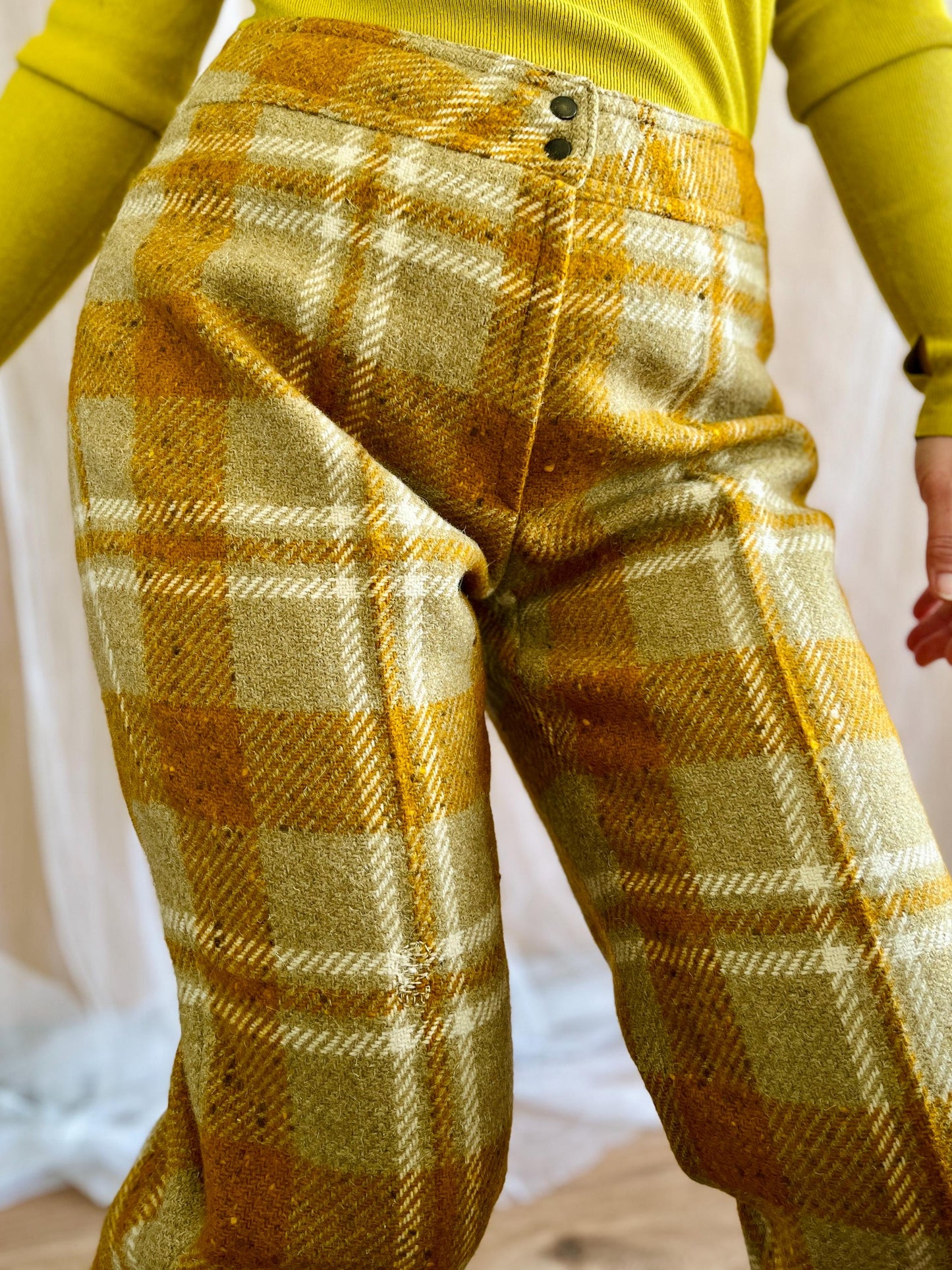 Vintage 70s Wide Legs High Waist Plaid Checker Wool Tailored Trousers