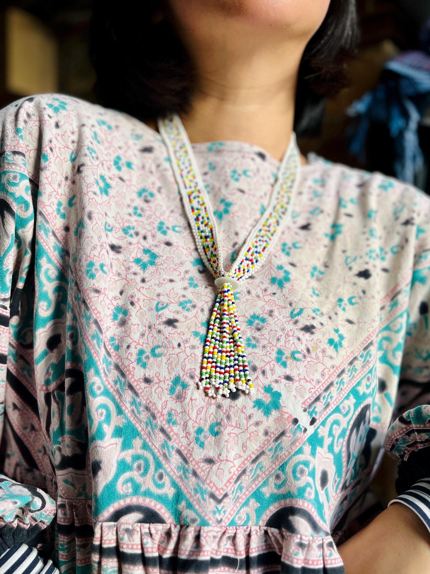 Handmade Vintage Ethnic bead art statement necklace with tassel