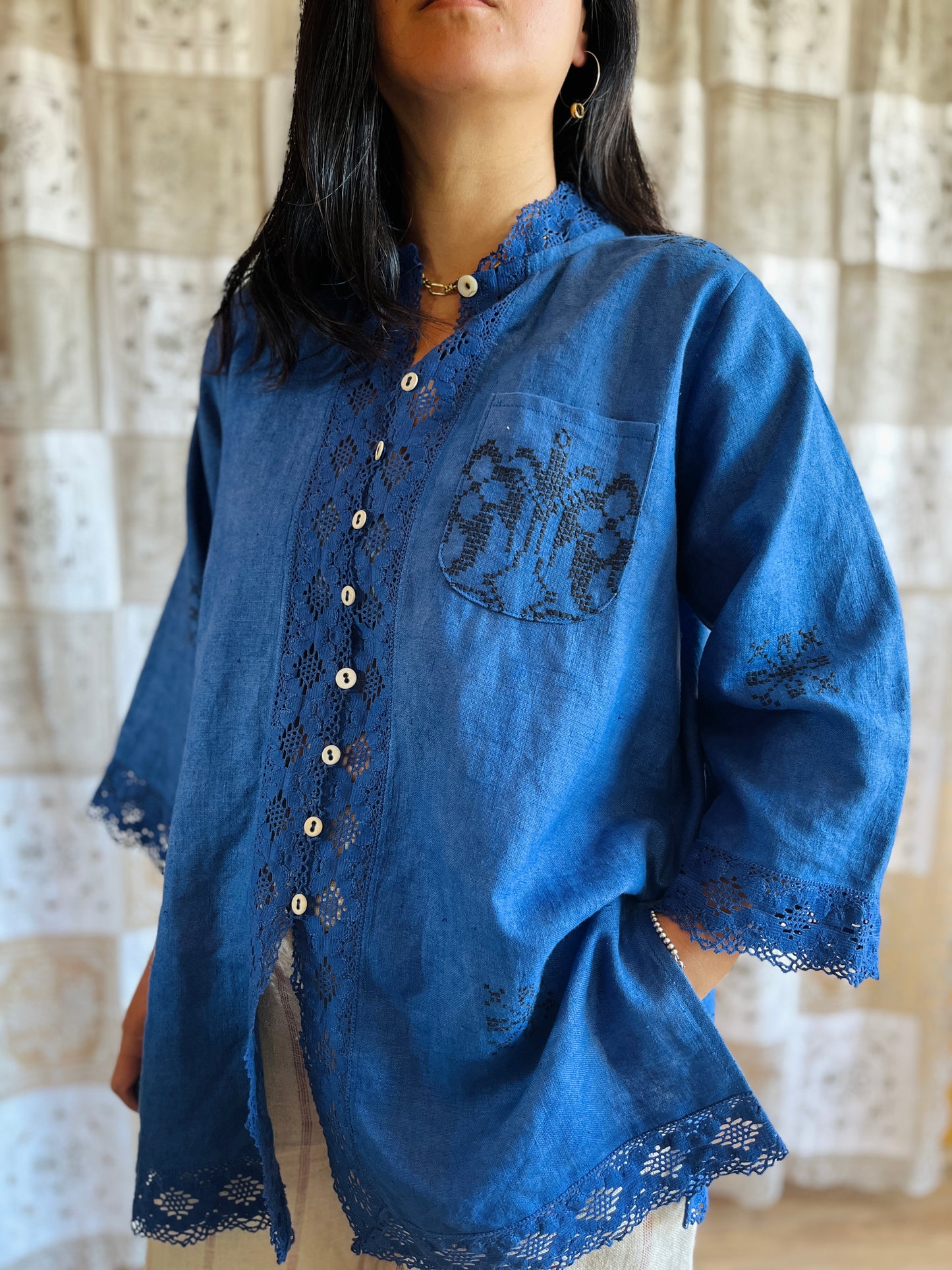Indigo dyed loose fit linen shirt