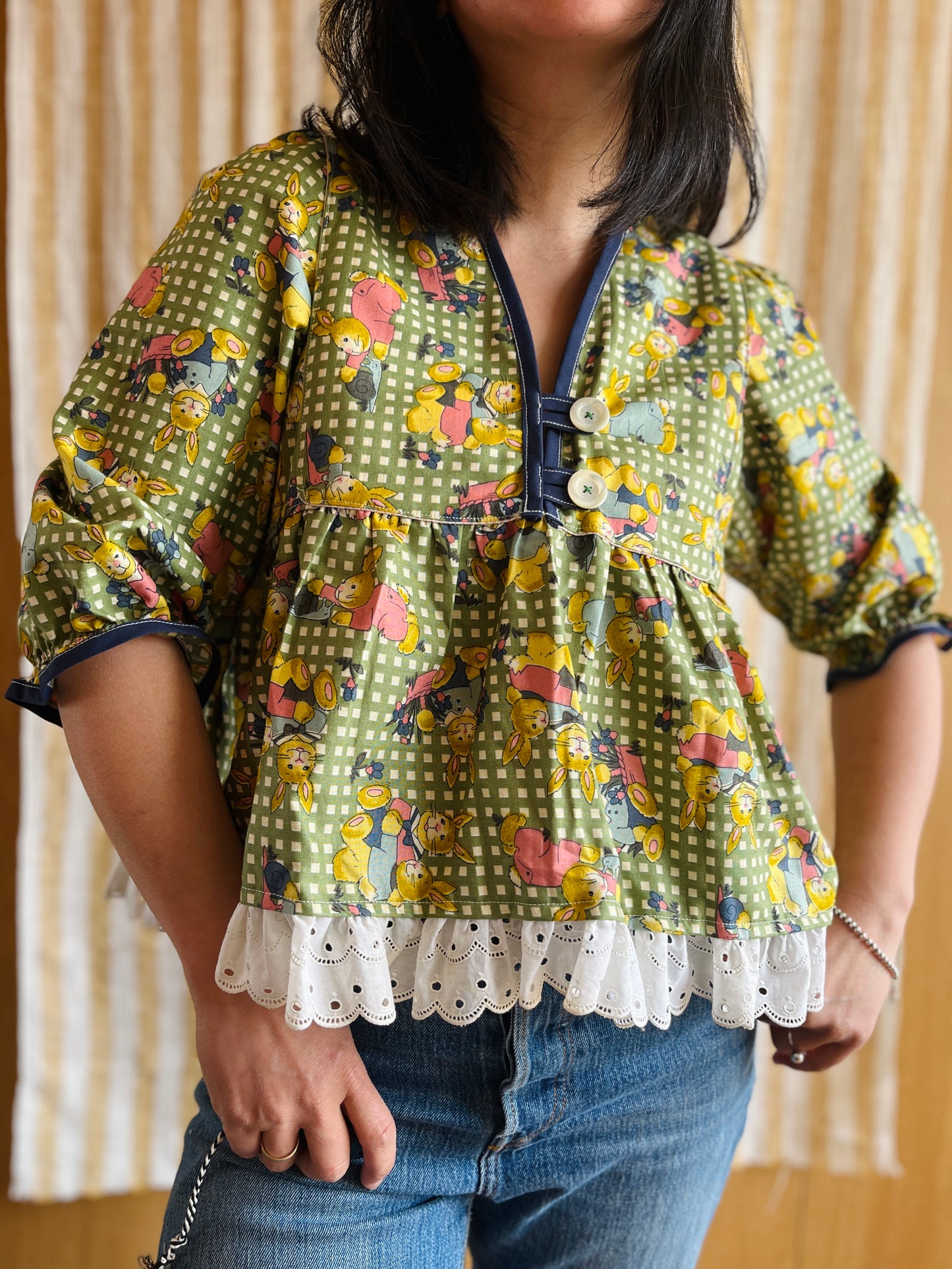 Rabbit and Snail vintage textile Goddess Blouse