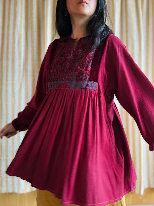 70s Burgundy velvet Afghanistan Silk embroidery Tunic