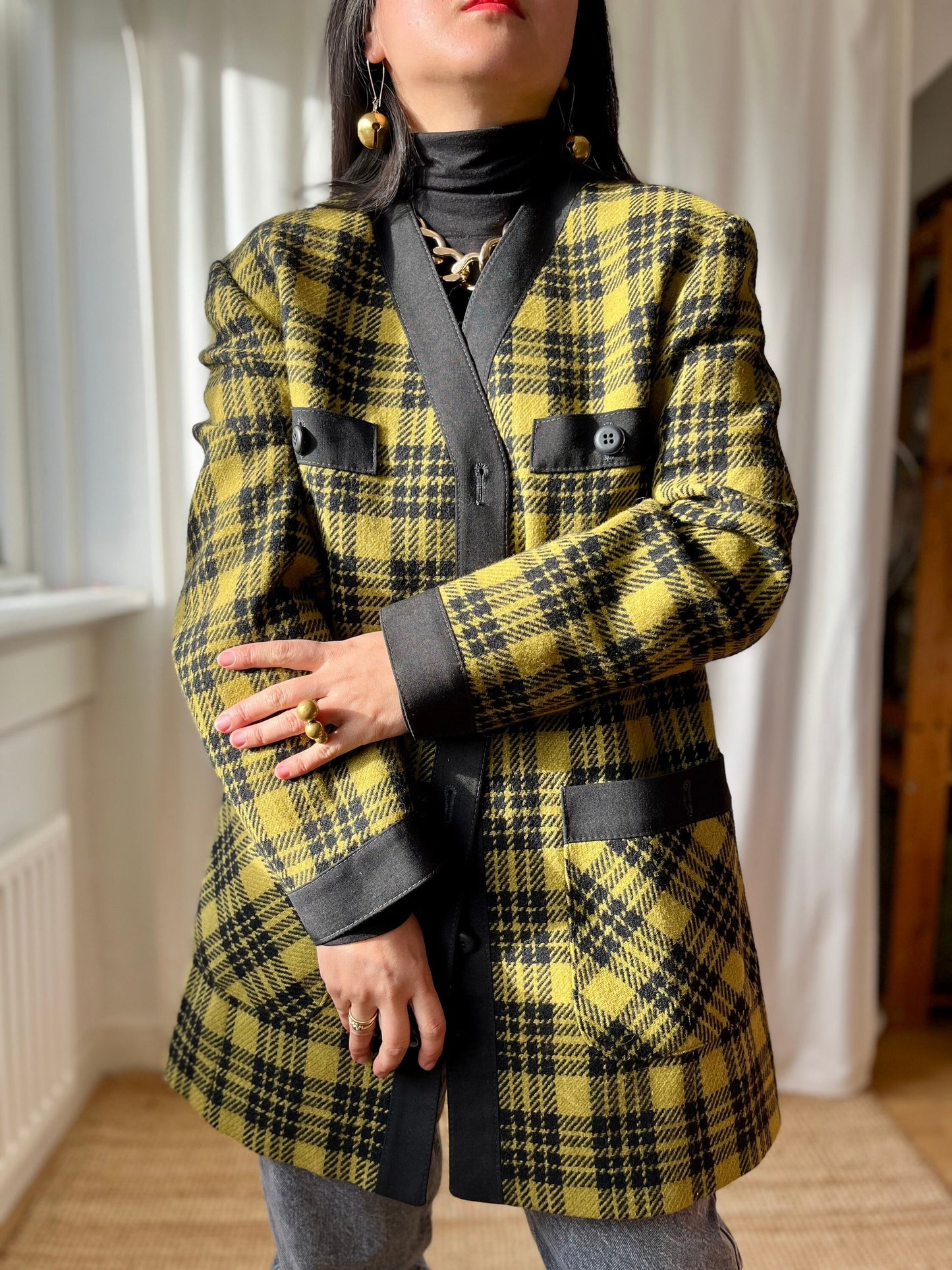 80s Light Wool Coat Checker Mustard black Houndstooth Long Blazer