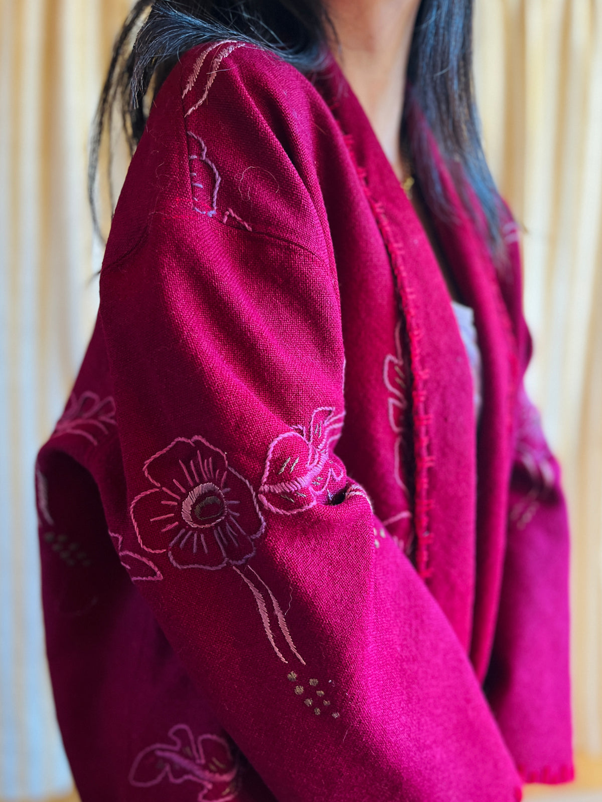 Double Wool Short Kimono with silk and metallic embroidery