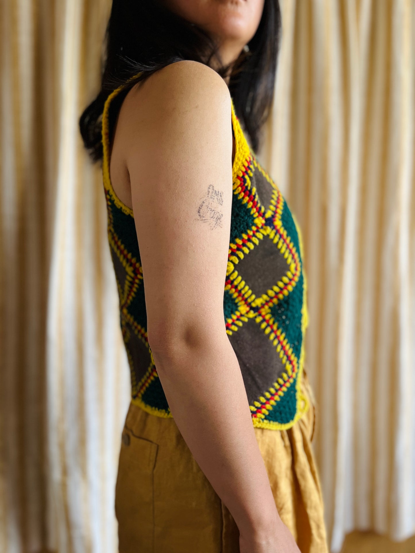 Vintage handmade Suede Crochet Patchwork Gilet