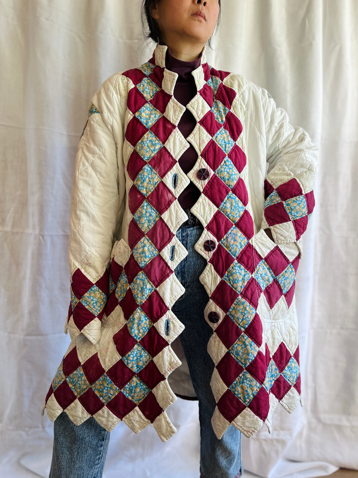 Hand quilted vintage blanket turns Long Coat