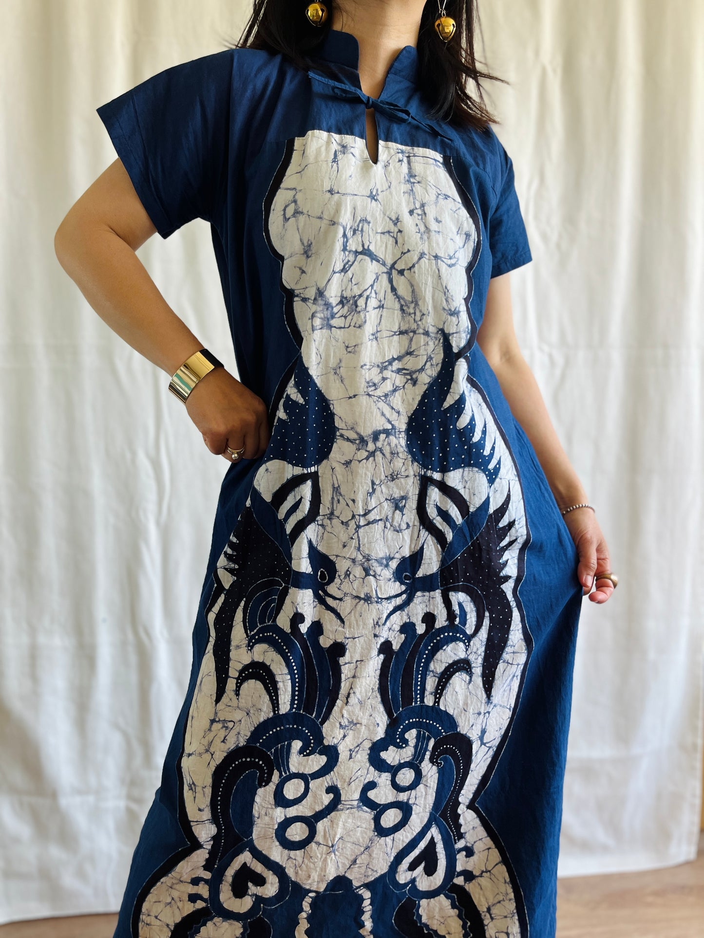 Vintage handmade Tie Dye Party Dress Maxi high neck with ribbons