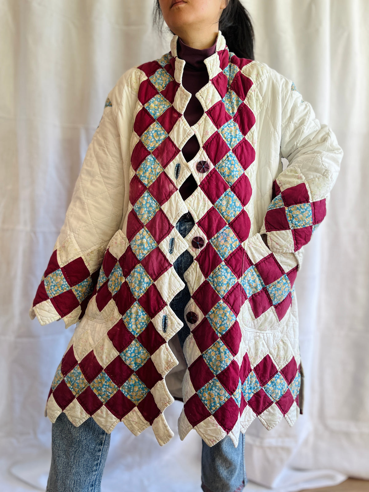 Hand quilted vintage blanket turns Long Coat