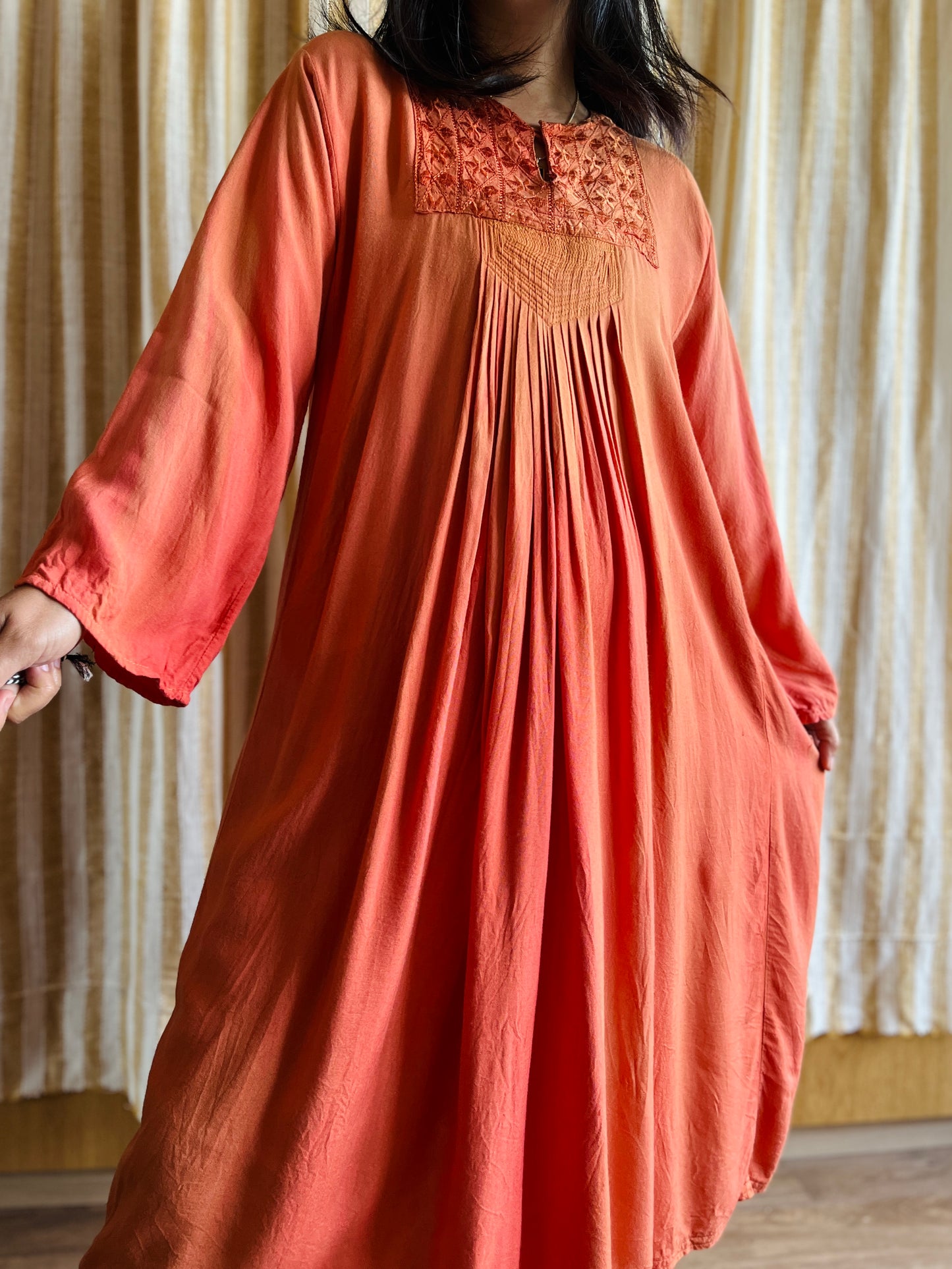 Fading Apricot orange silk embroidered pleated dress