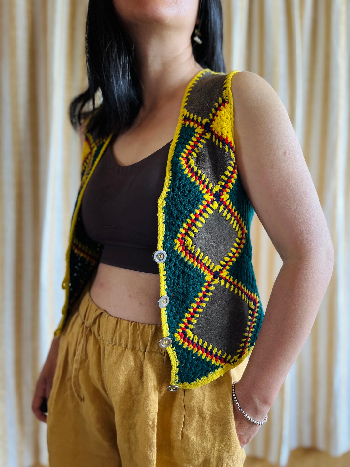 Vintage handmade Suede Crochet Patchwork Gilet