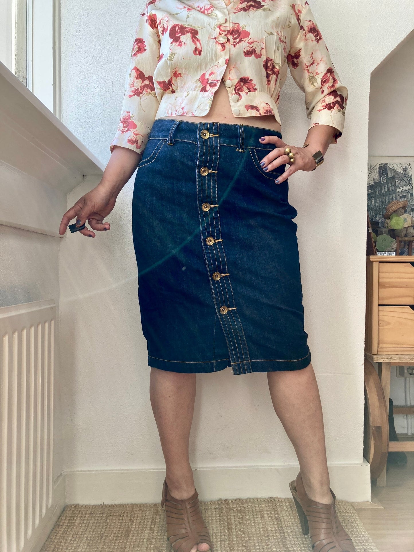 Vintage 90s High Waist Front button Denim Pencil skirt