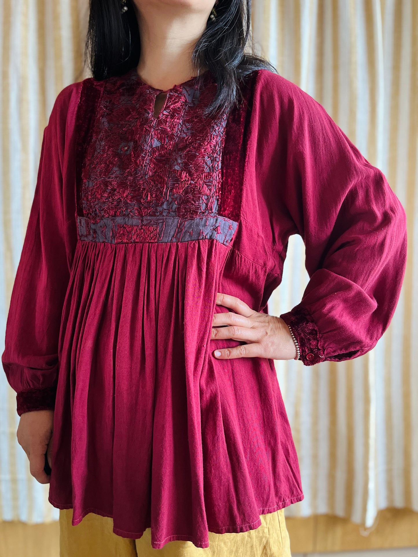 70s Burgundy velvet Afghanistan Silk embroidery Tunic