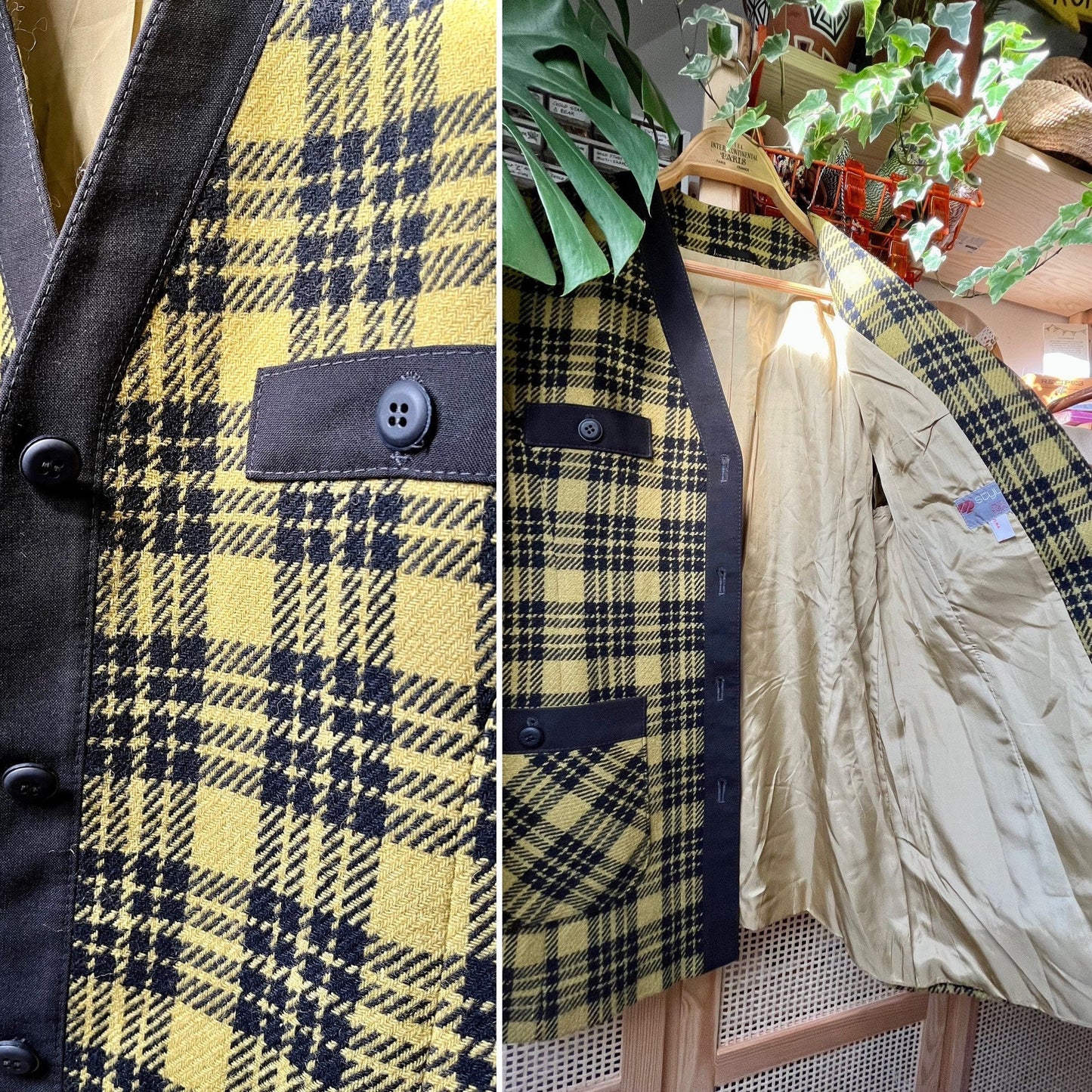 80s Light Wool Coat Checker Mustard black Houndstooth Long Blazer