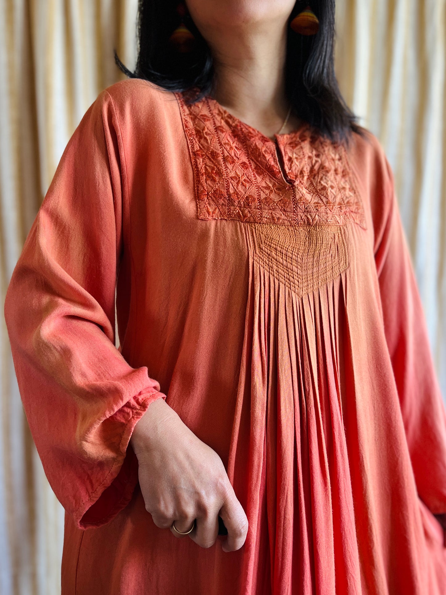 Fading Apricot orange silk embroidered pleated dress