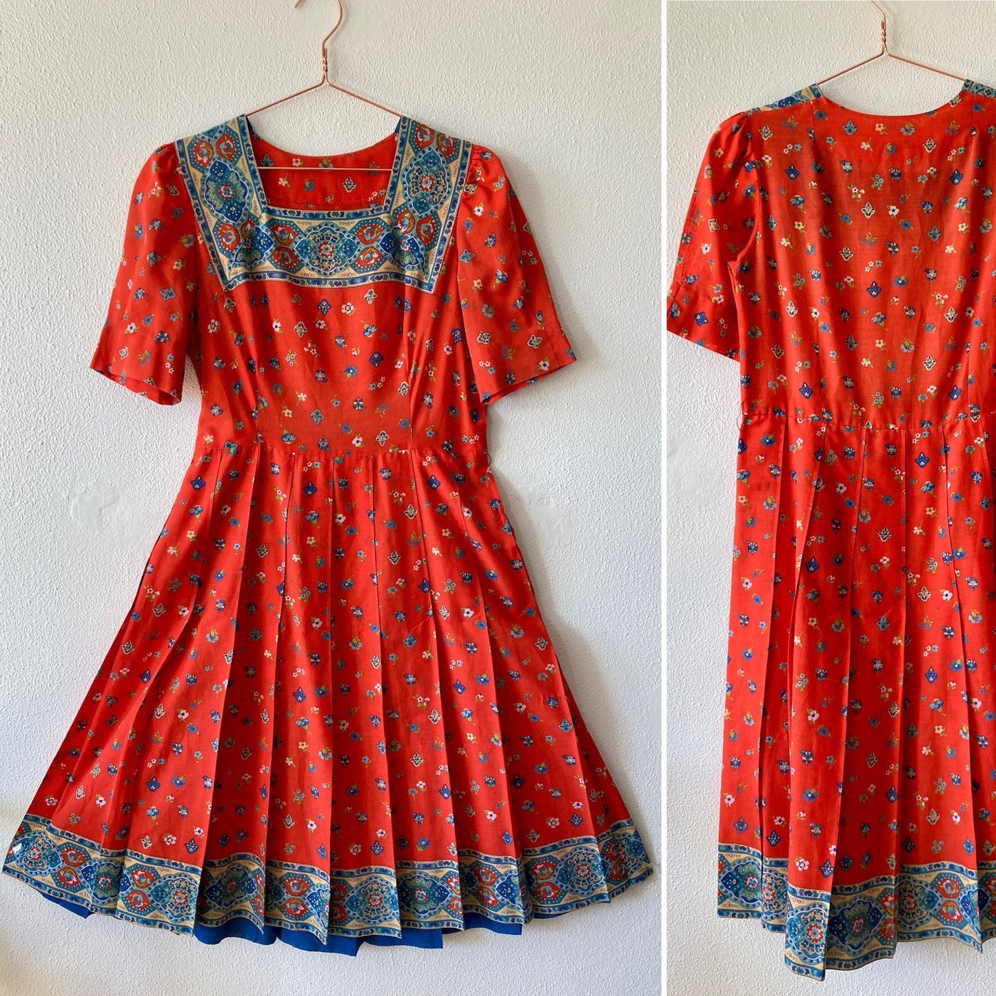 Vintage 1970s handmade floral paisley block print pleated midi dress