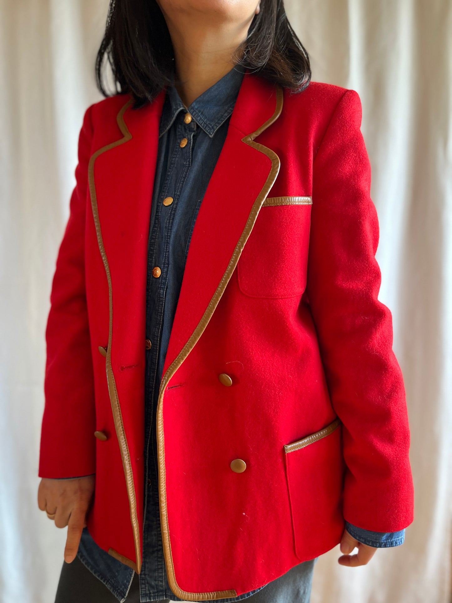 70s Cherry Red Wool Blazer with leather trims