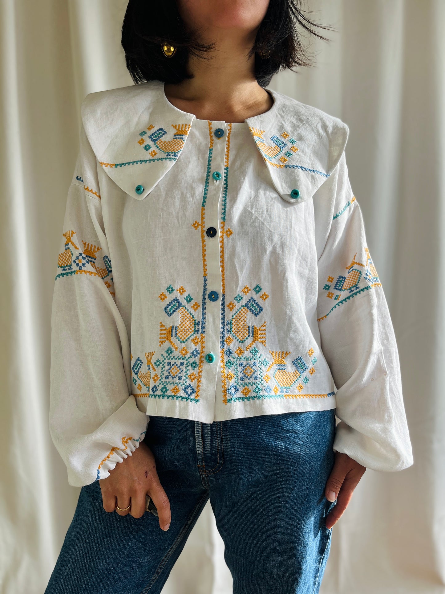 🎴 Love birds linen big collar blouse
