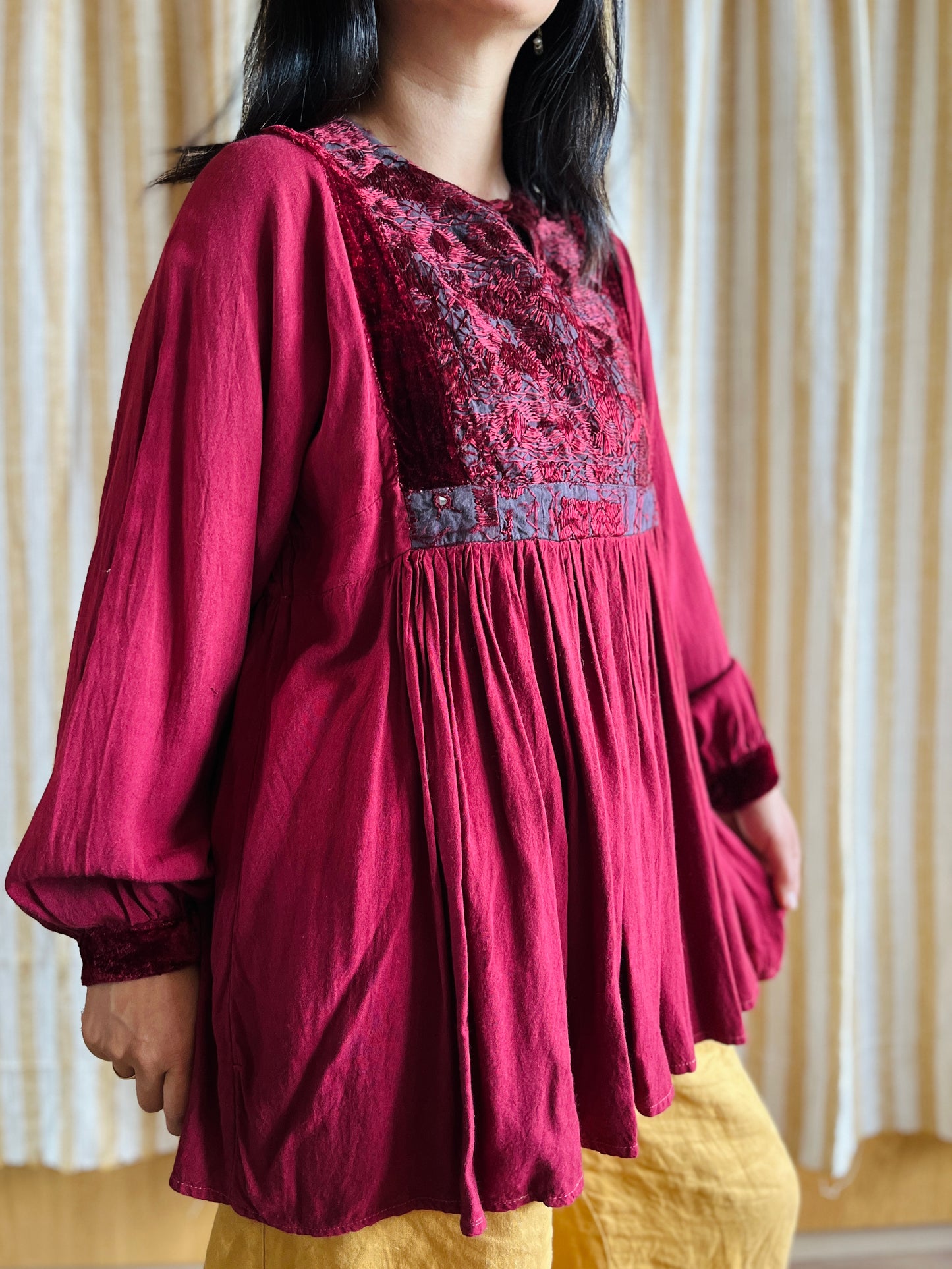 70s Burgundy velvet Afghanistan Silk embroidery Tunic