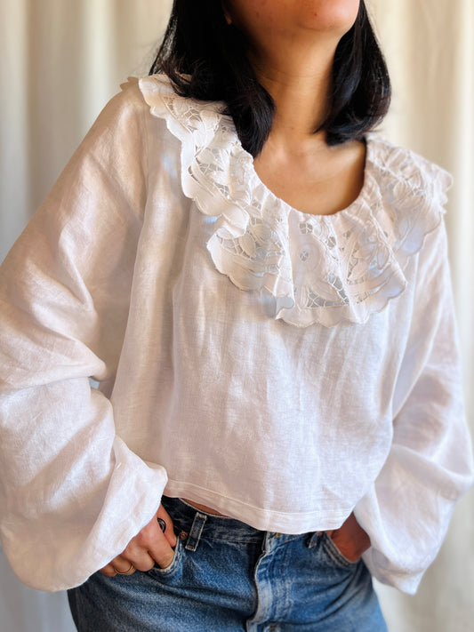 Antique cut work ruffle collar blouse