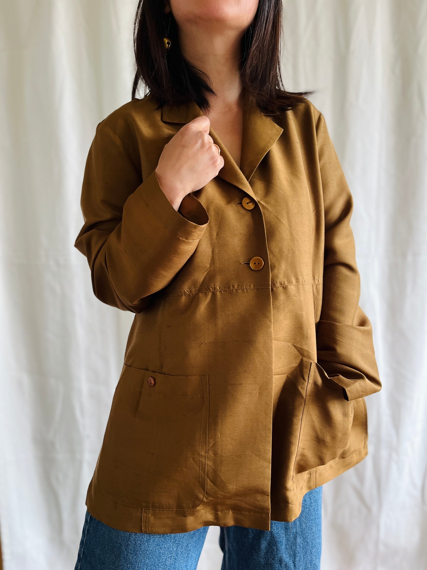 Luxury Vintage Air Thin Silk Designer Blazer In Copper Gold