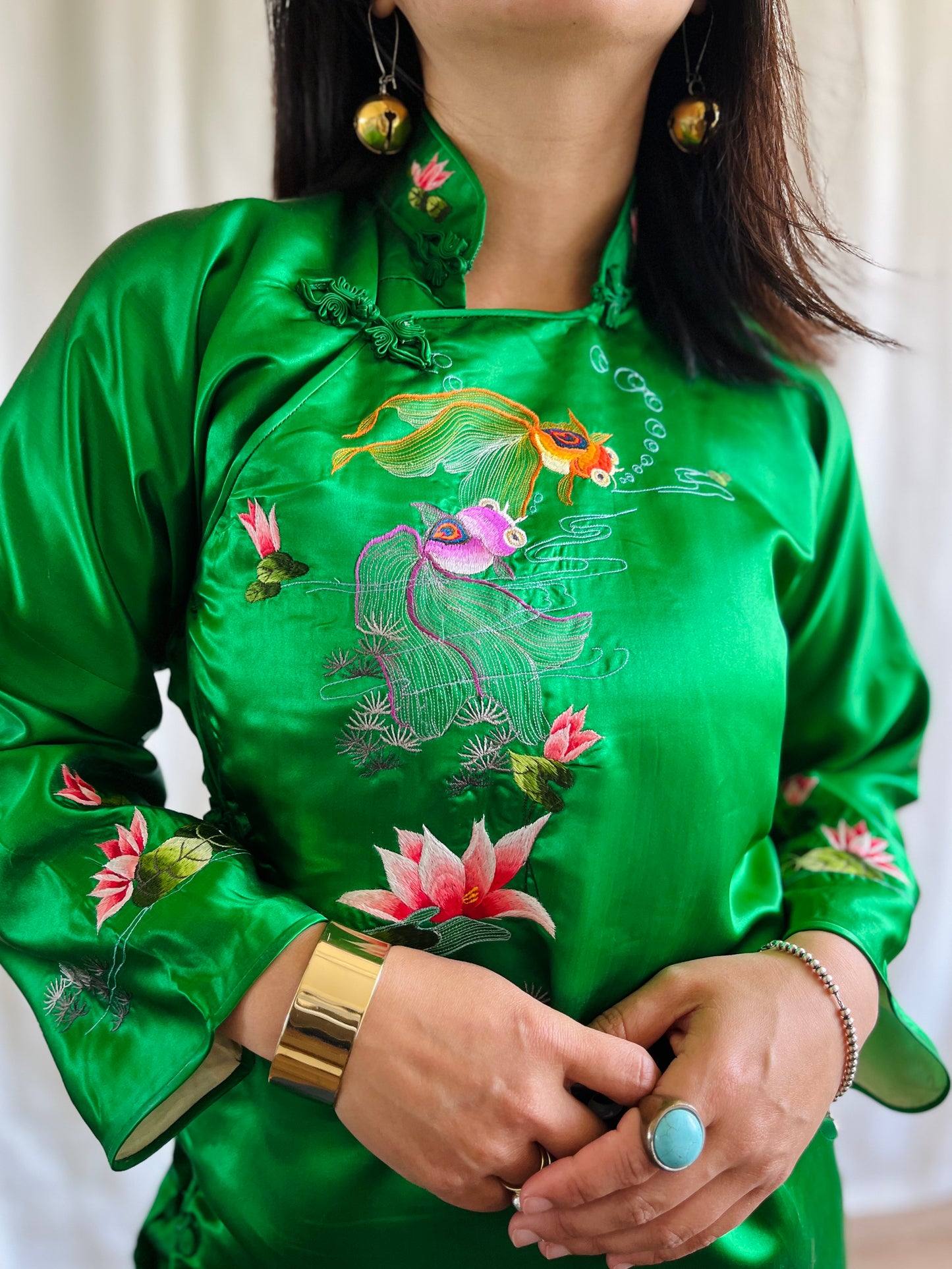 Vintage 60s Handwork Chinese Satin Cheongsam Qipao with Gold fish hand embroidery