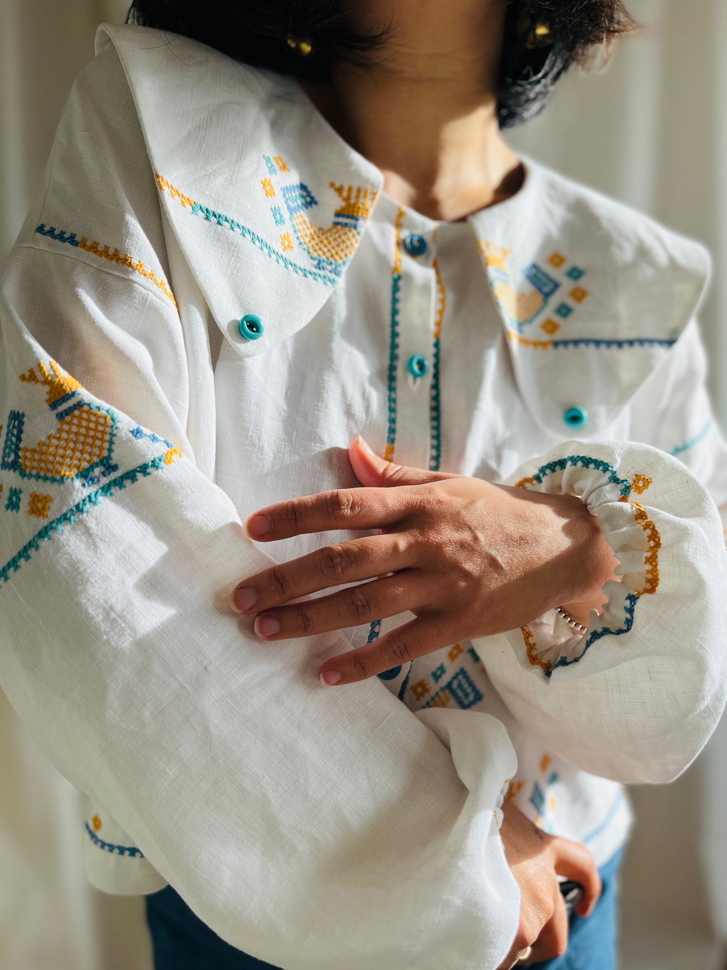 🎴 Love birds linen big collar blouse