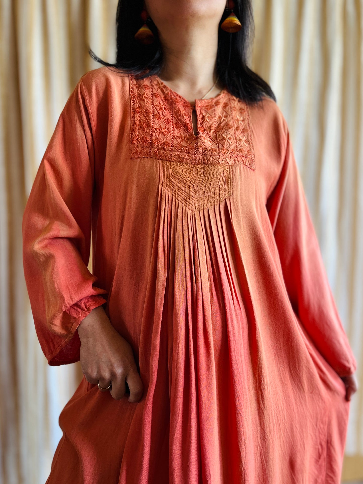 Fading Apricot orange silk embroidered pleated dress