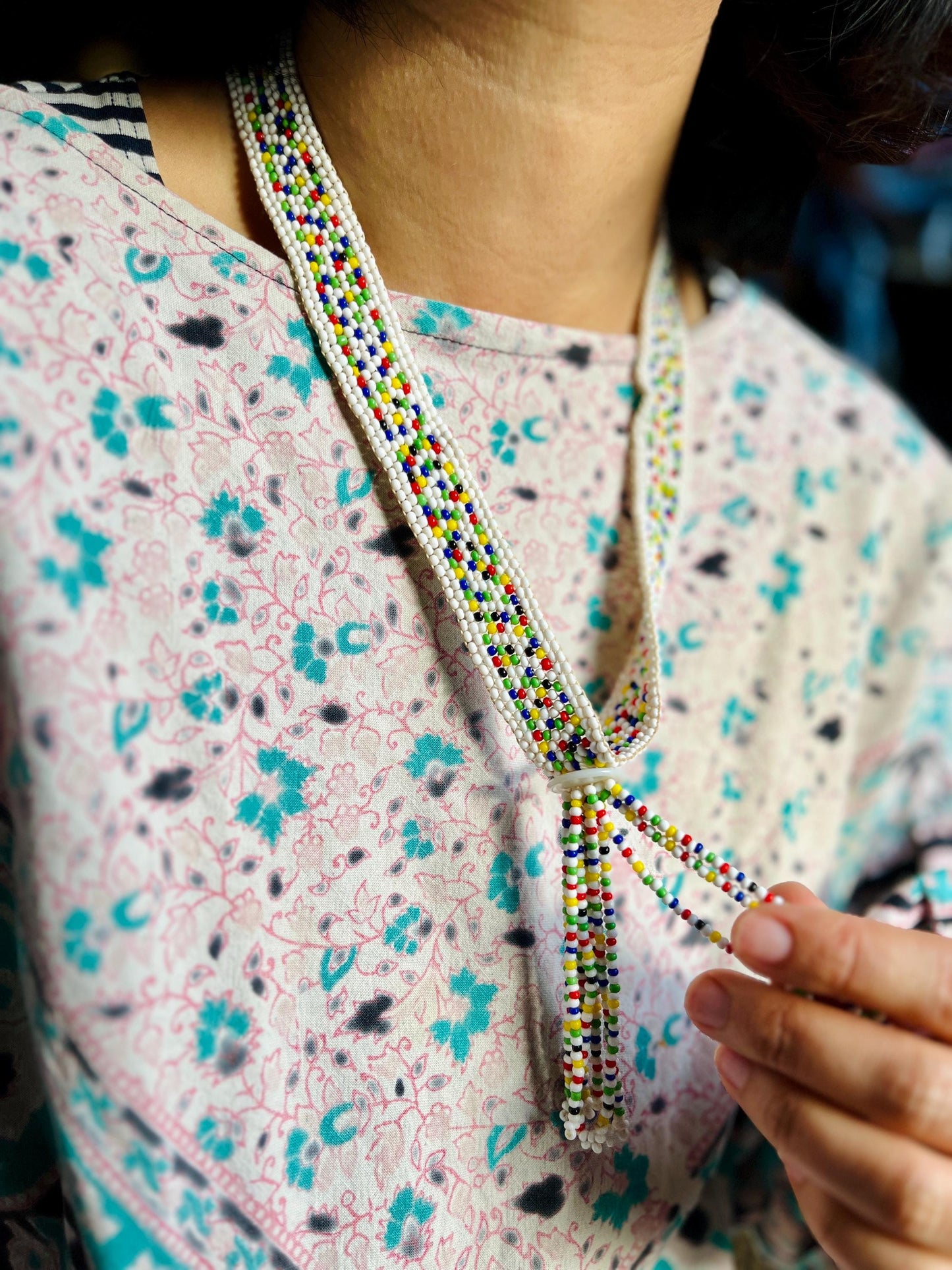 Handmade Vintage Ethnic bead art statement necklace with tassel